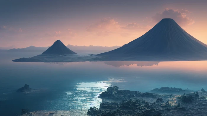 Ocean volcanic mountains reflections water nature 2k