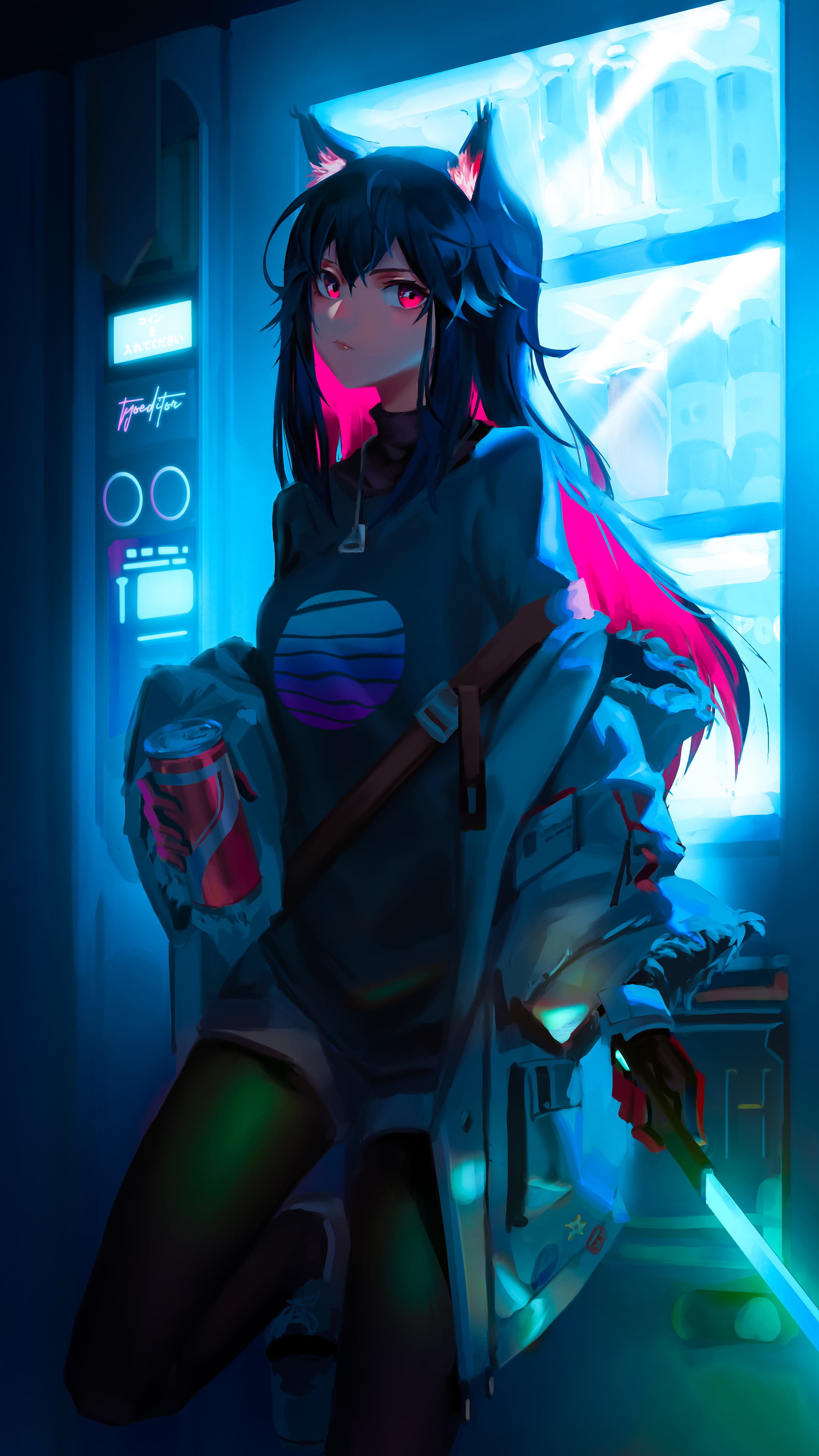 cat girl laser saber drink cyber red eyes black hair pink 2k