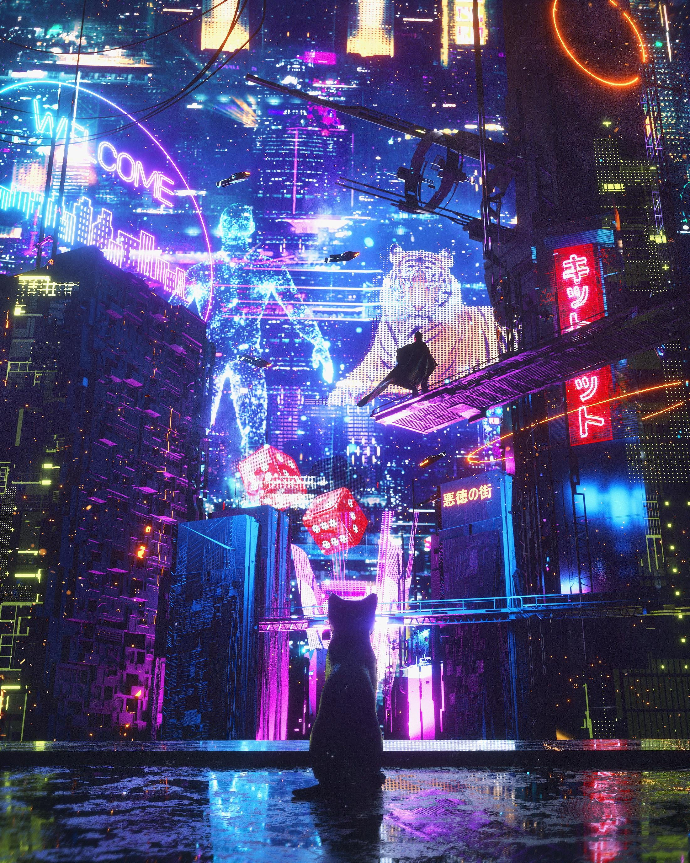 digital art cyber city cyberpunk cats 2k