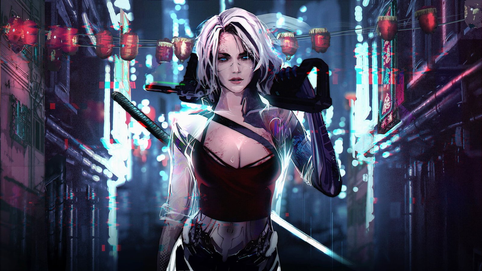 digital art cyberpunk science fiction cyber city japanese sword