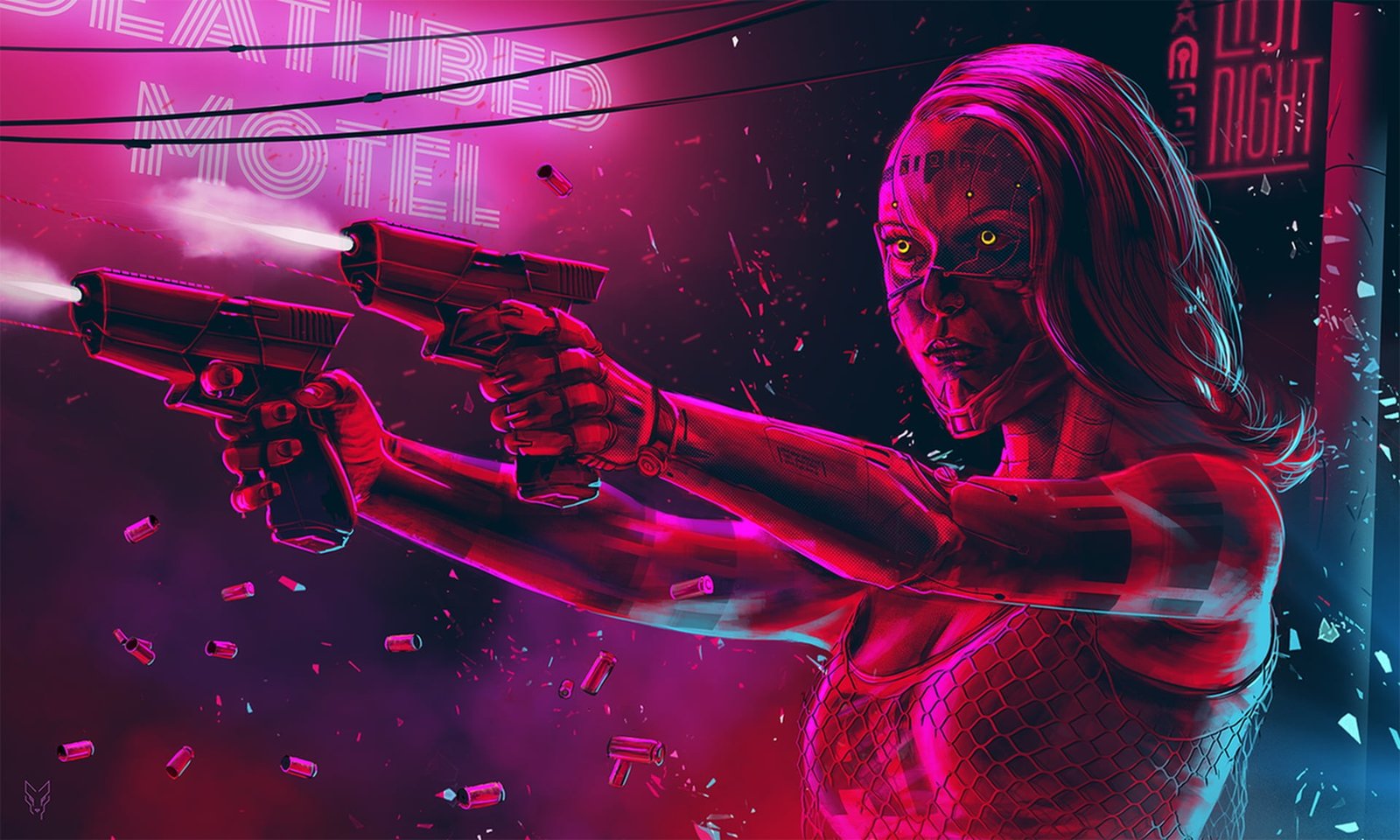 Girl Figure Neon Sleeve Fiction Cyborg Guns Cyber Deathbed hotel