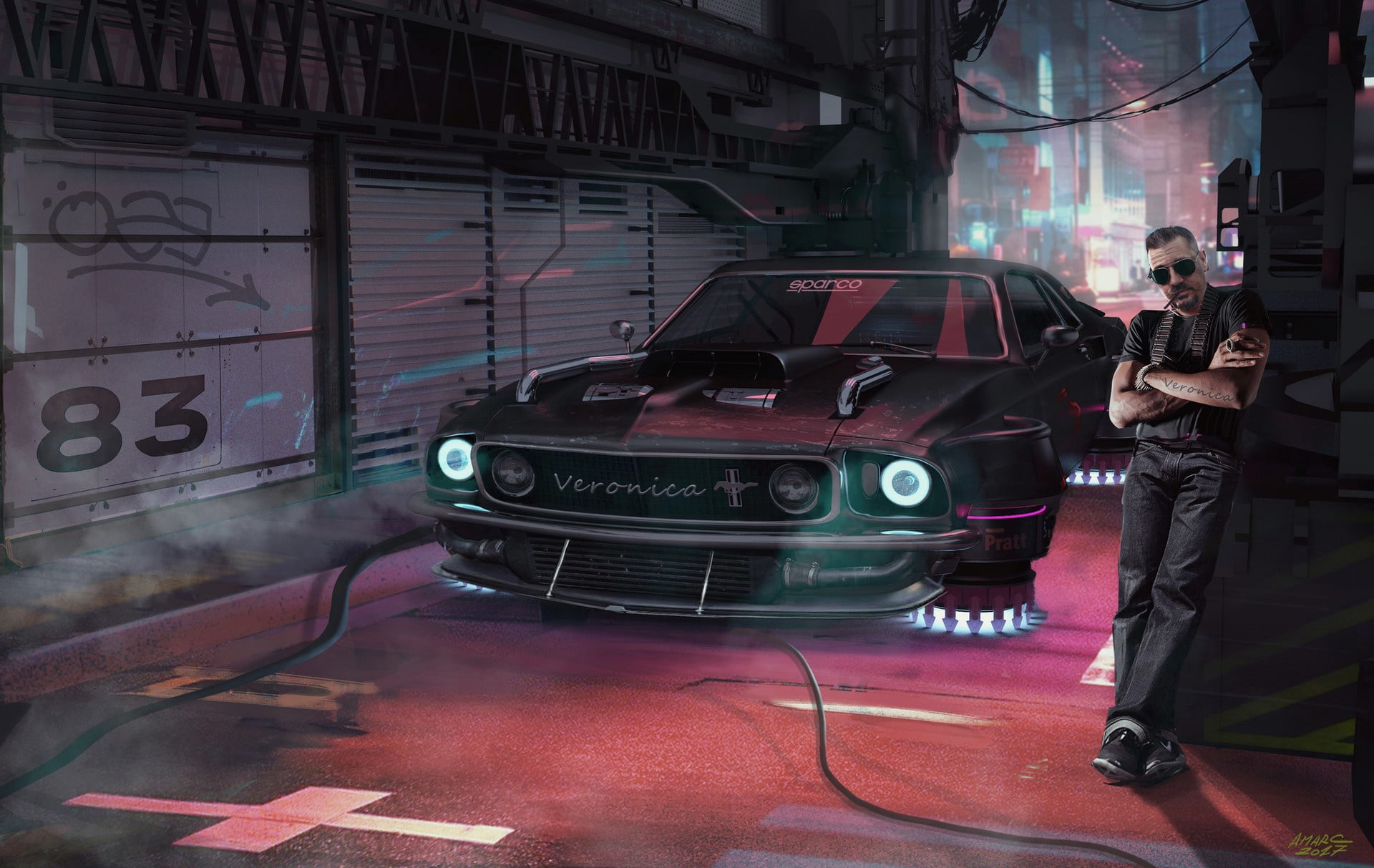 man garage car Cyberpunk Driver cyber mustang