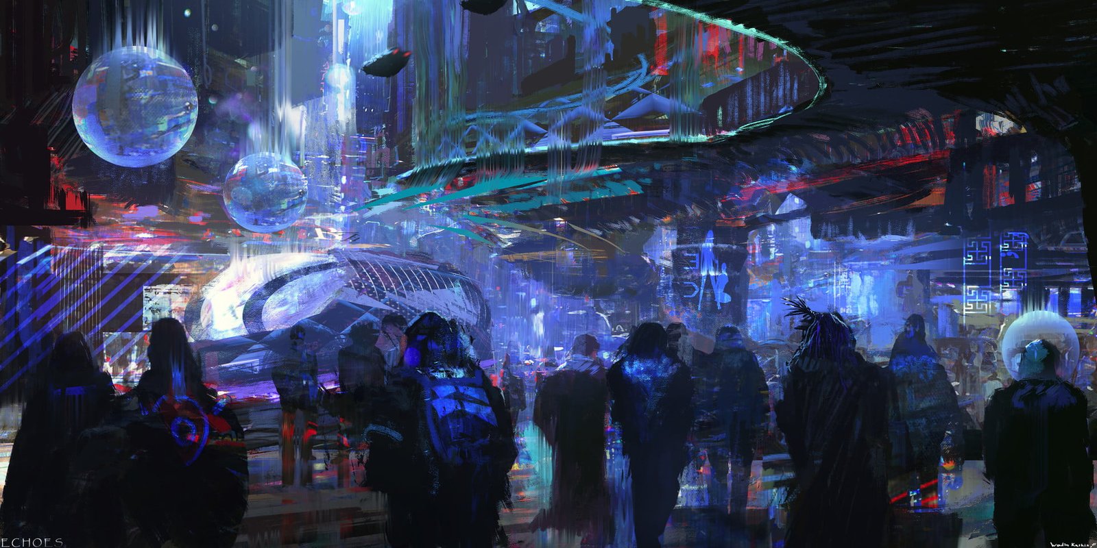 people walking at the street painting cyber cyberpunk science fiction
