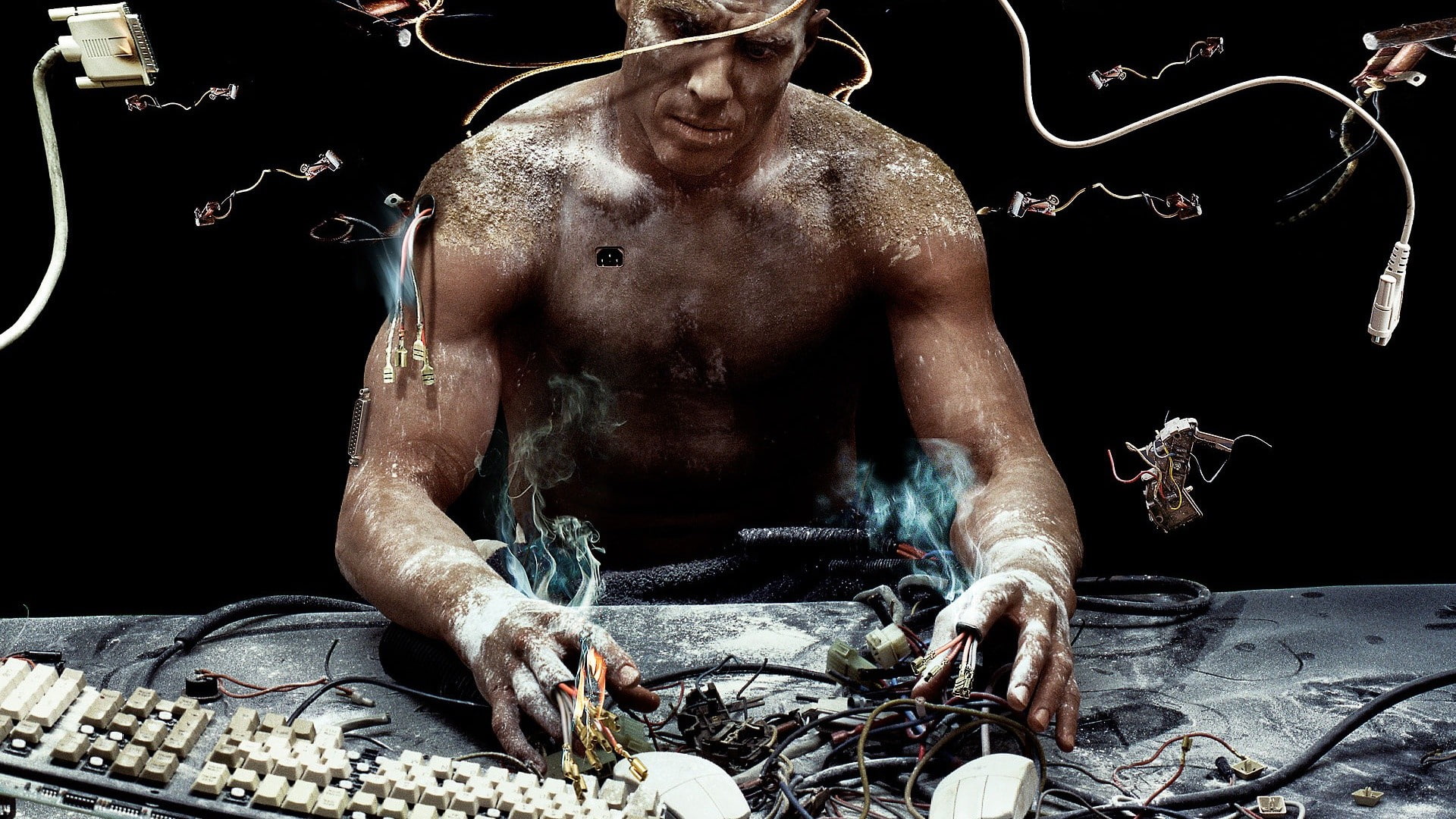 science fiction cyberpunk hacking wires shirtless cyborg