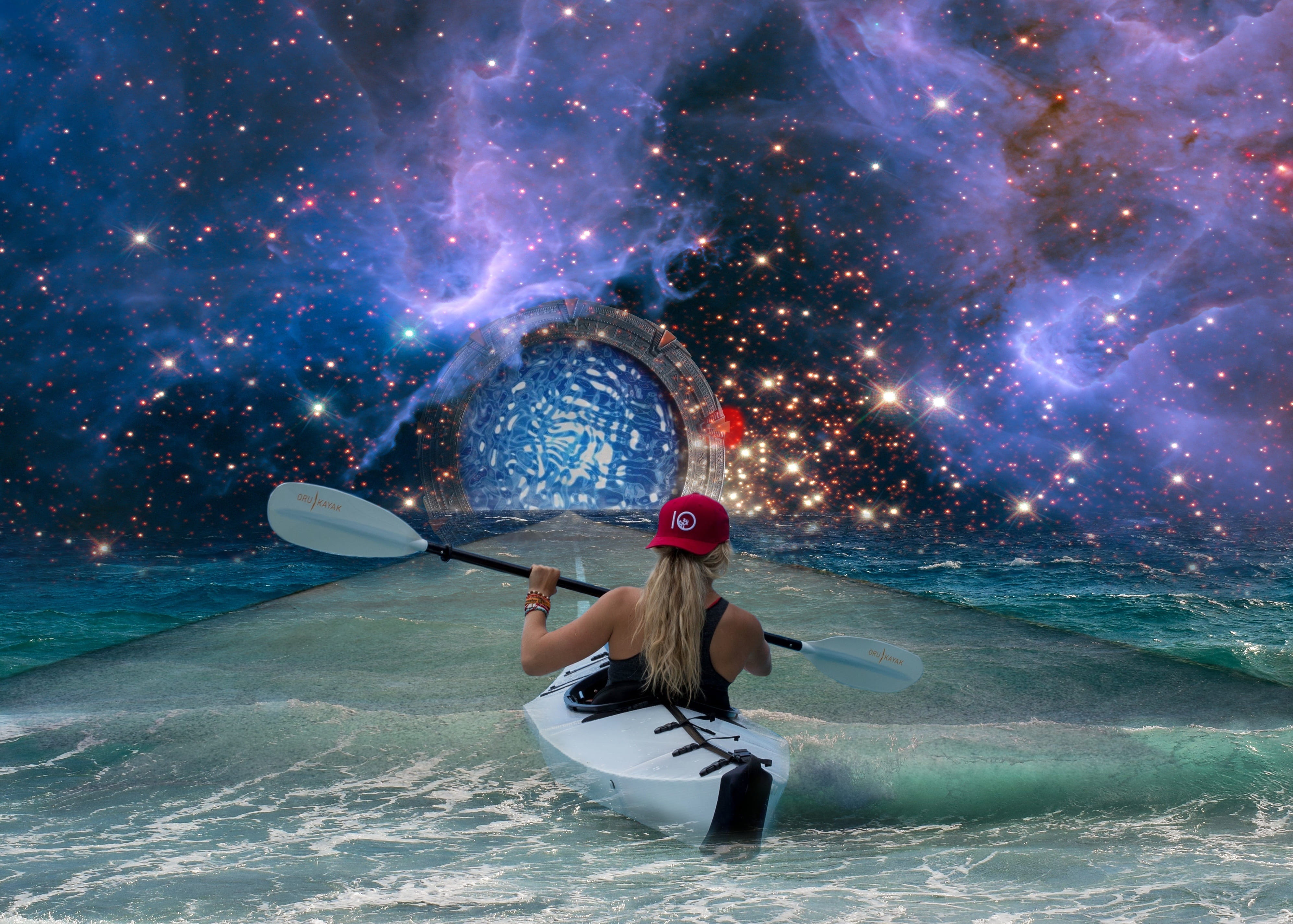 woman riding on kayak stargate himmelstor science fiction 2k
