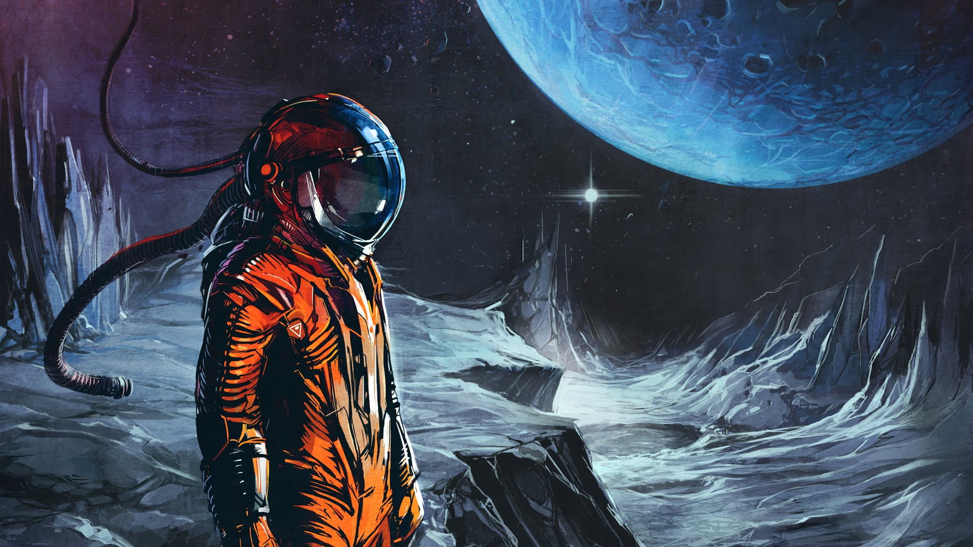 man in orange astronaut suit with moon wallpaper helmet on painting