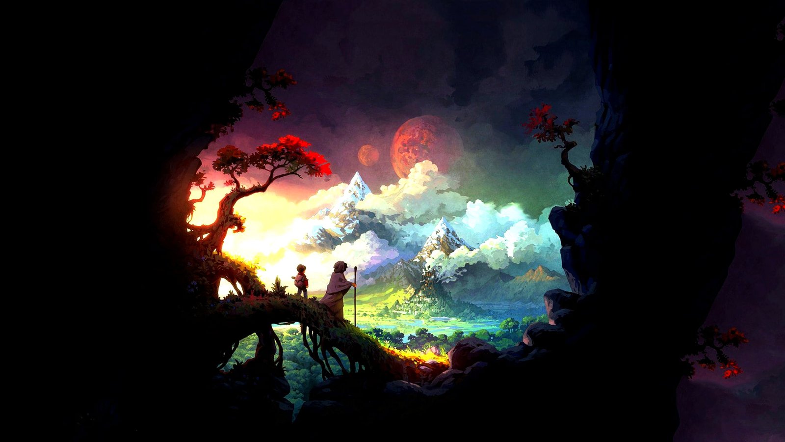 mountain and clouds digital wallpaper two anime character standing on wood branch facing red moon illustration 42