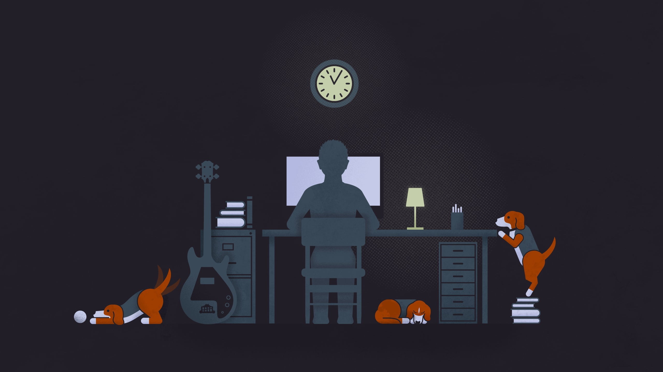 person sitting on computer desk with three beagles illustration of infront near guitar and puppies 2k