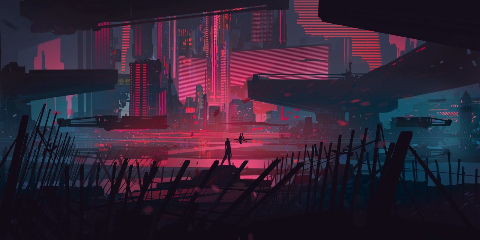 silhouette of person standing near buildings digital wallpaper