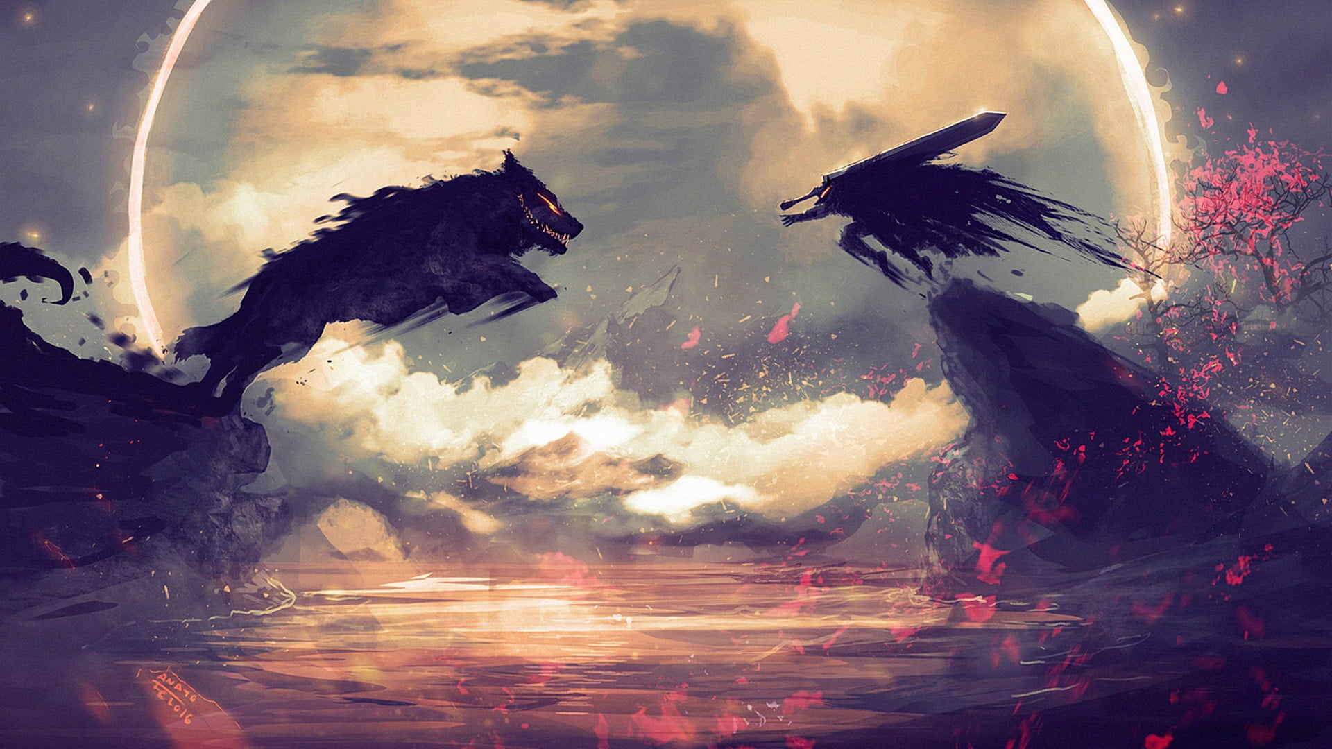warrior fighting a dark wolf illustration Berserk demon backgrounds