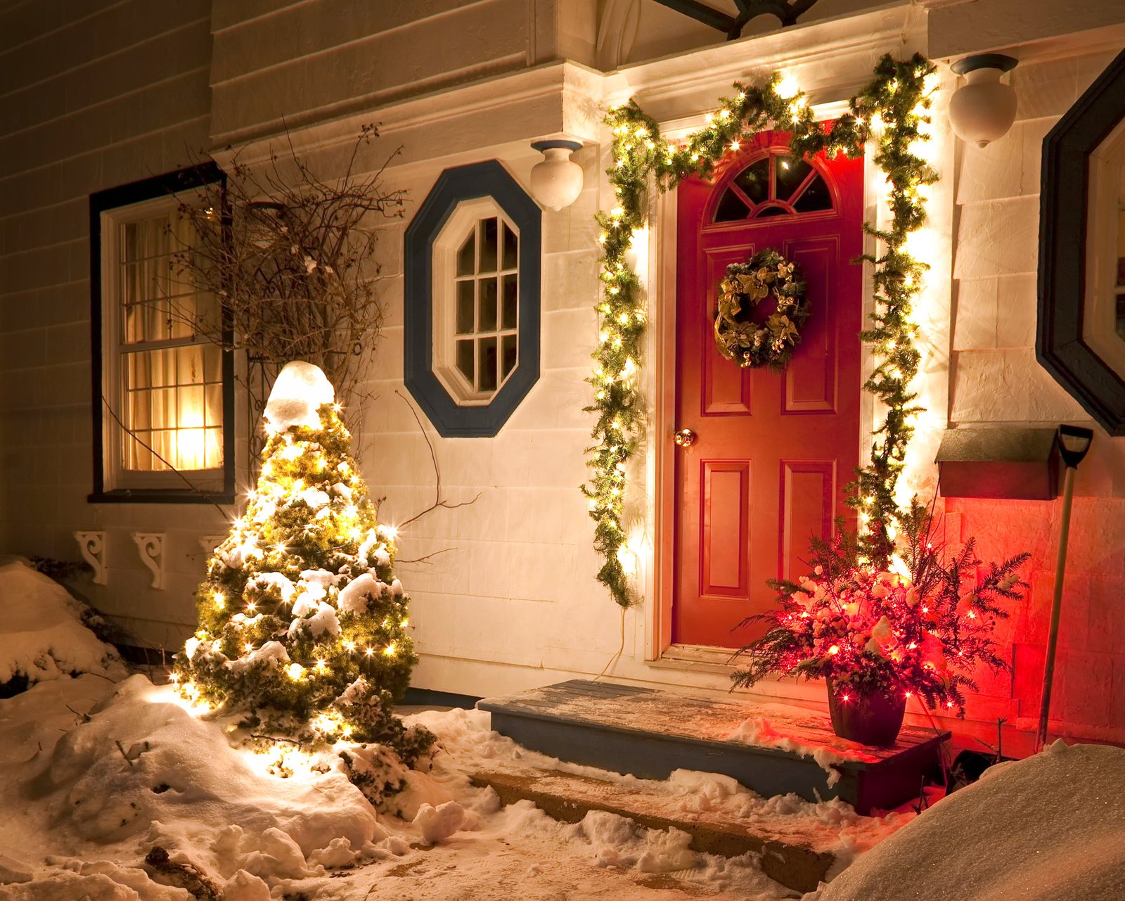 brown wooden 4 panel door winter snow night nature lights 2k 4k 5k