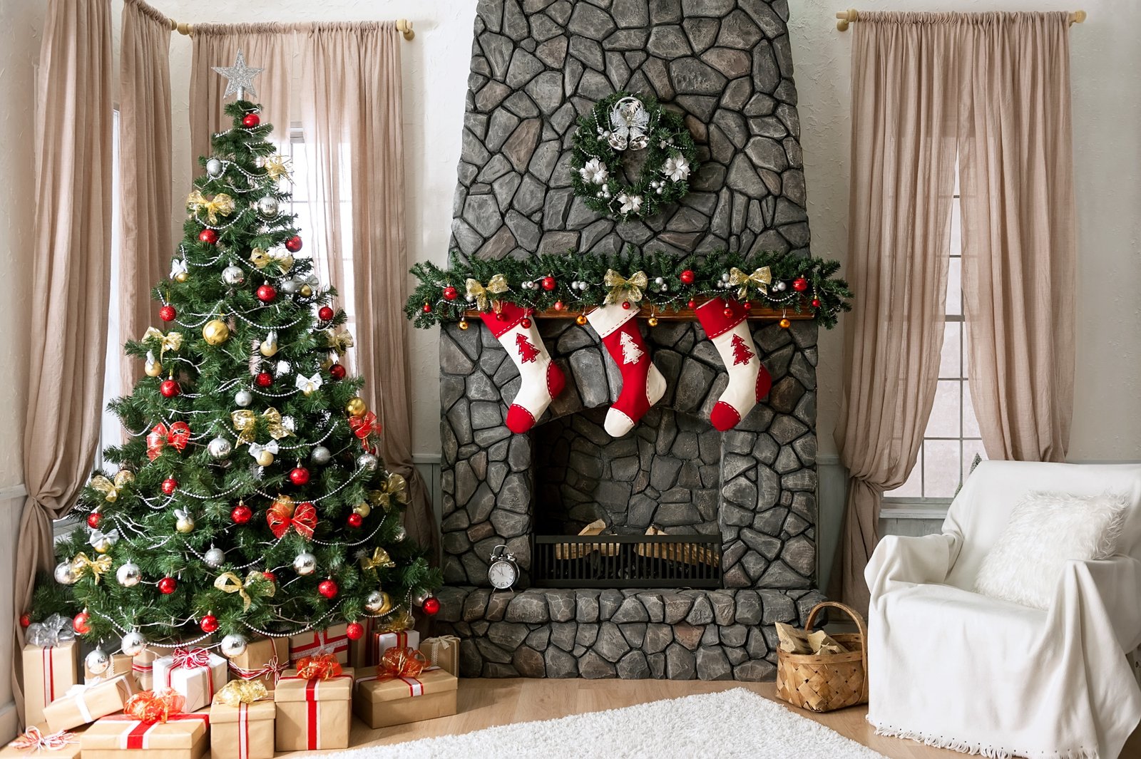 three white and red Christmas stockings decoration toys tree 2k 4k