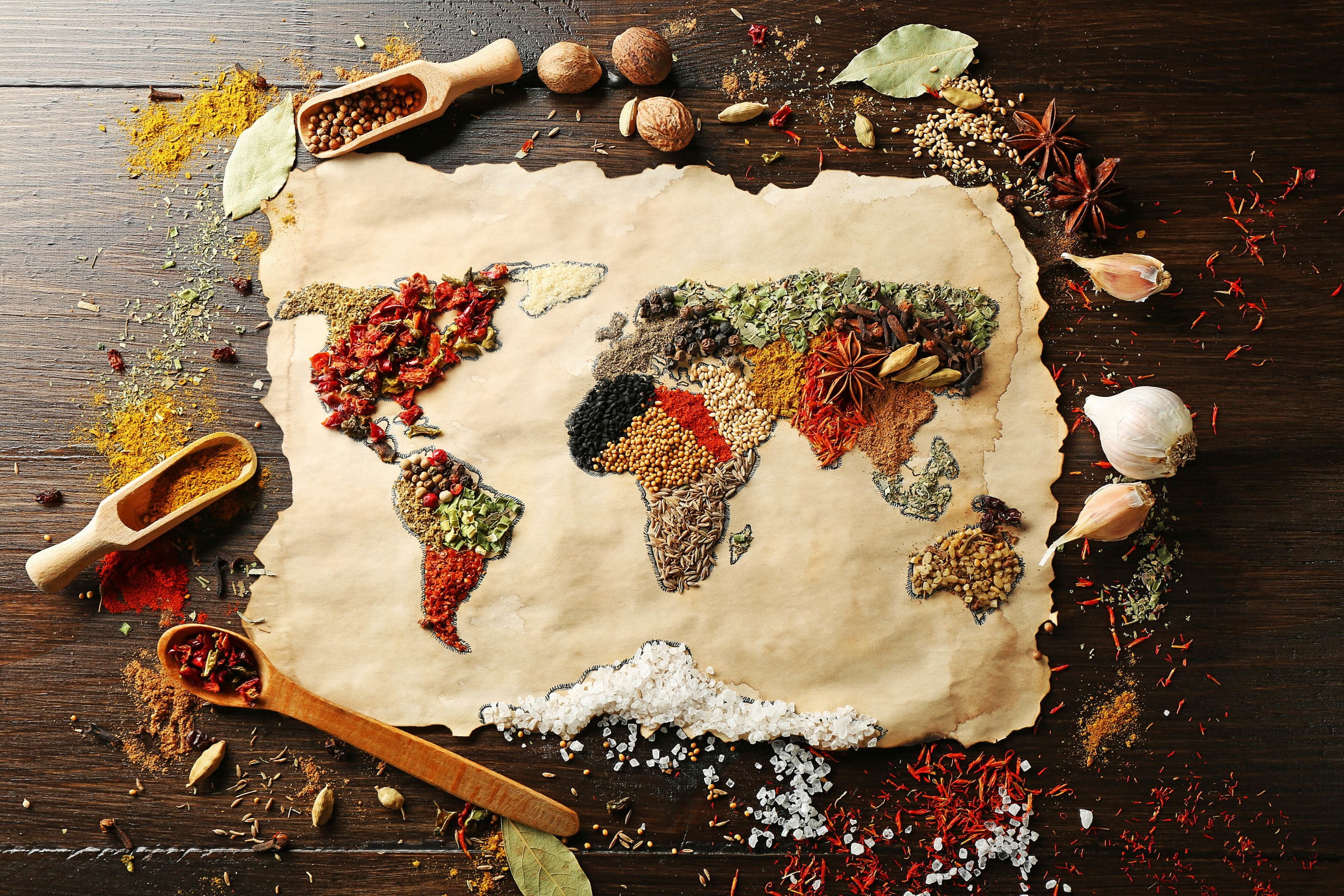 assorted color spicies world map artwork spices food indoors 2k