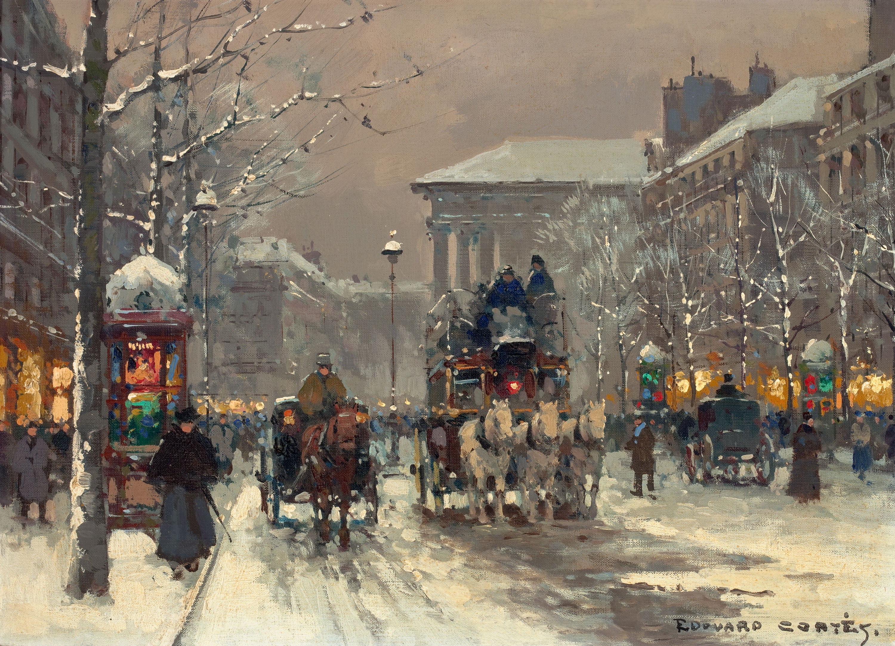 two person riding chariot painting winter Paris scene in 's 2k