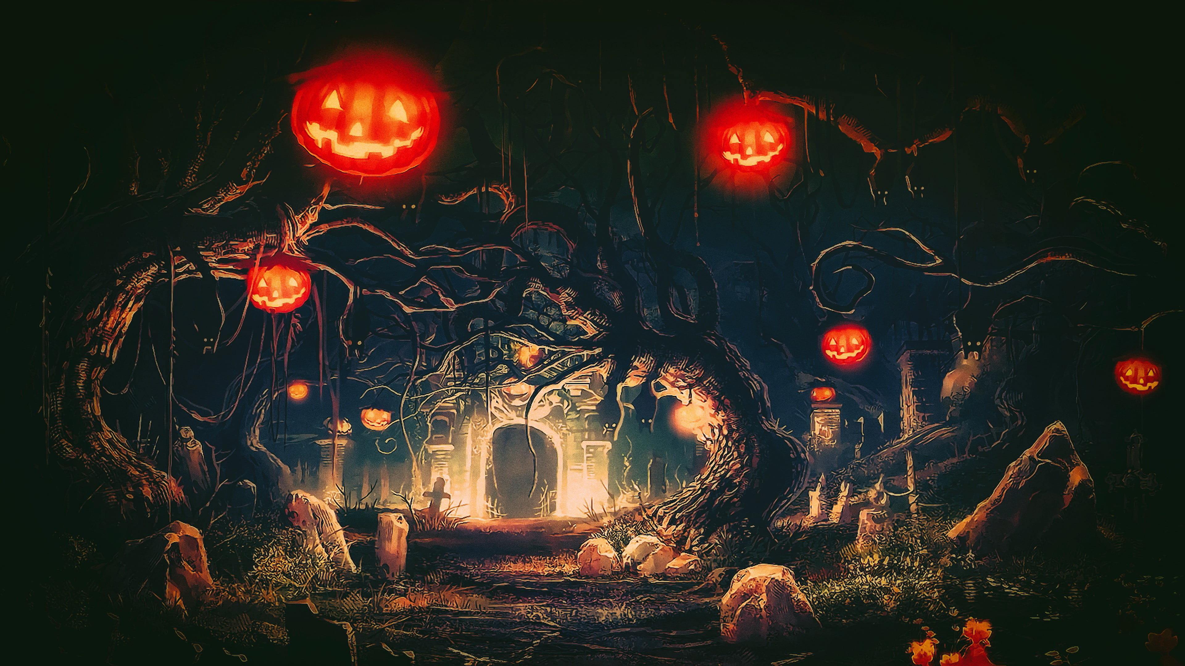 trees and castle digital wallpaper Halloween Terror night 2k