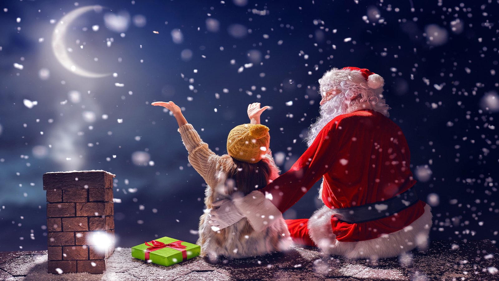 snowing winter christmas santa claus child moonlight roof 2k