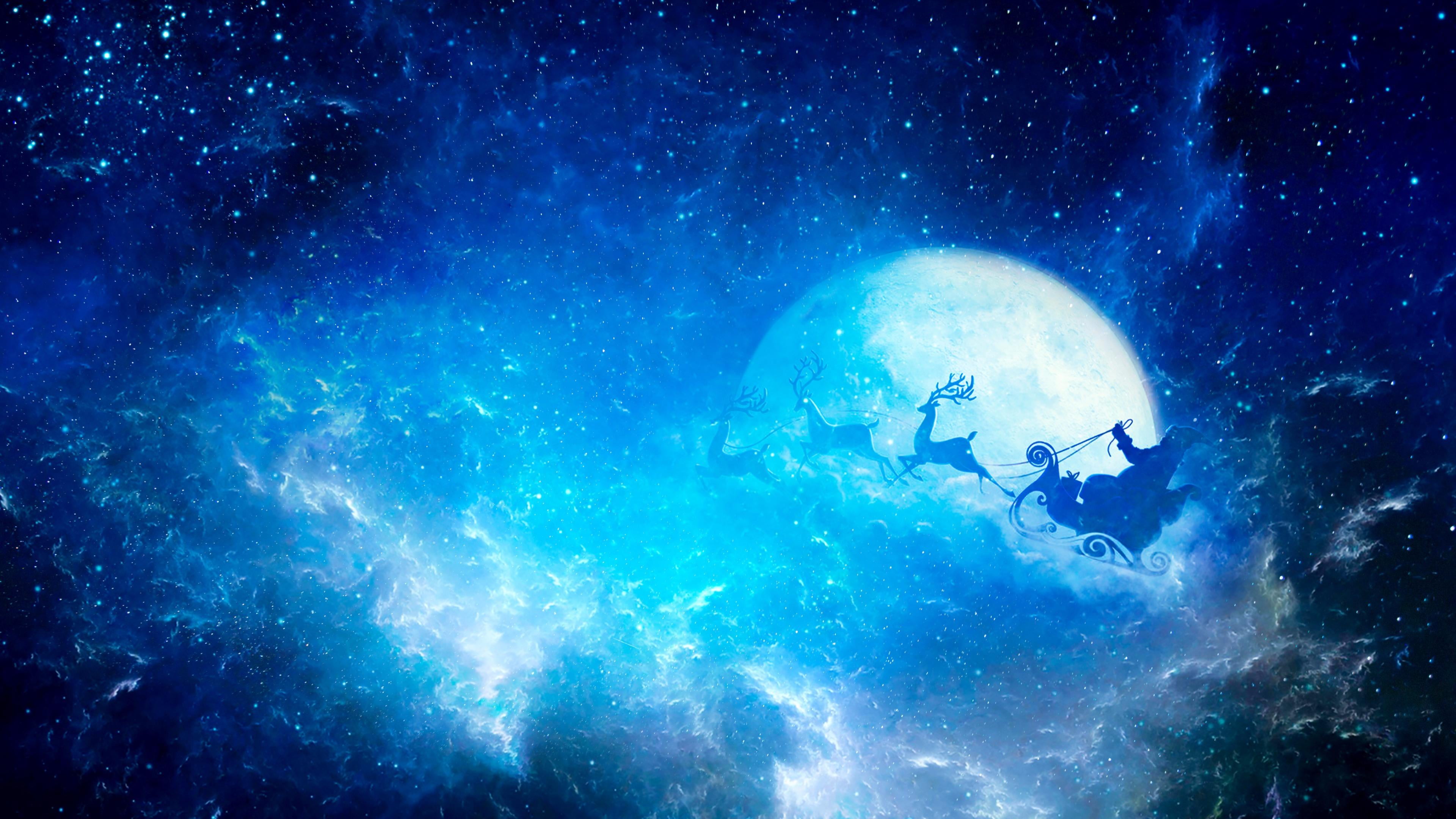christmas santa claus sleigh night moon stars sky 2k