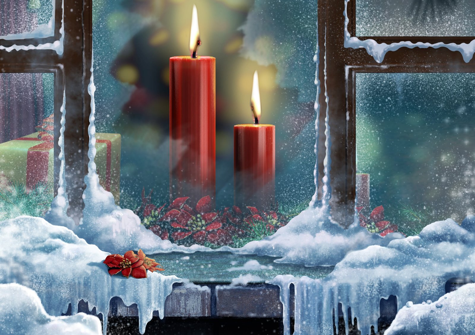 red dinner candles painting Christmas frost snow gift window 2k