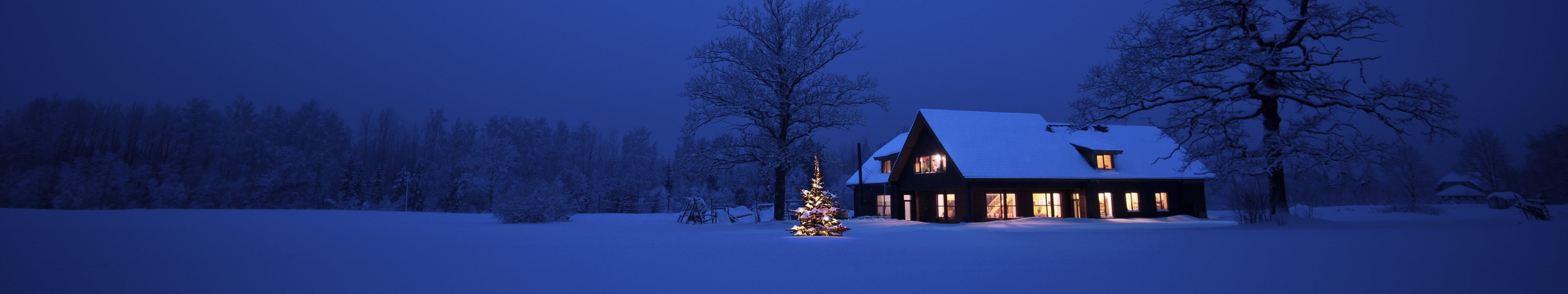 winter snow white blue lights christmas holiday hut house trees tree dark panorama ultrawide 2k 4k 5k