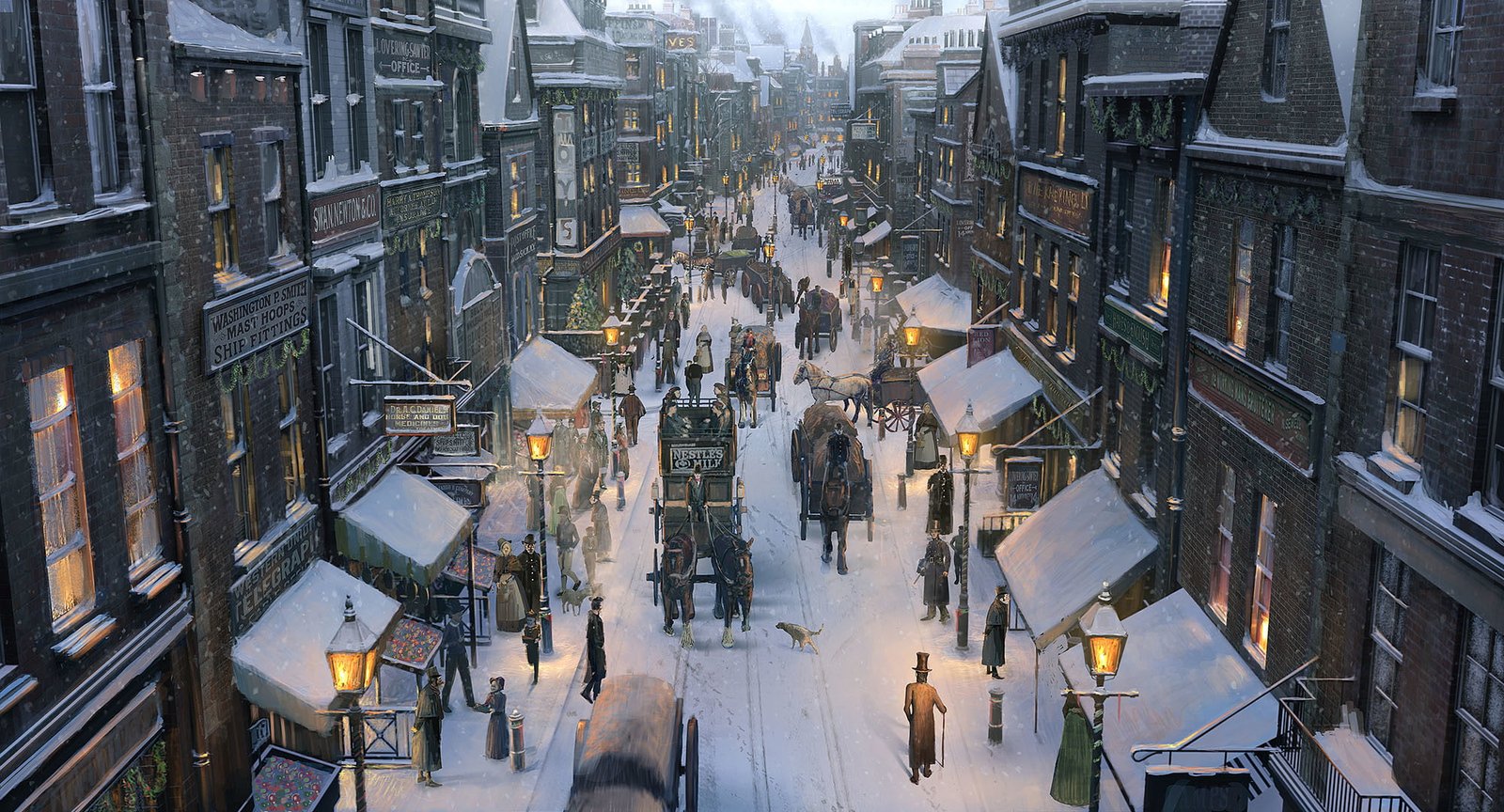 art carts christmas city horses people snow street winter 2k