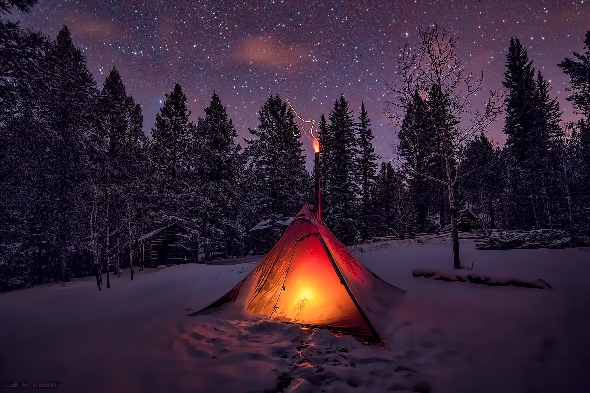 red tent winter snow sky trees night forest camping nature 2k