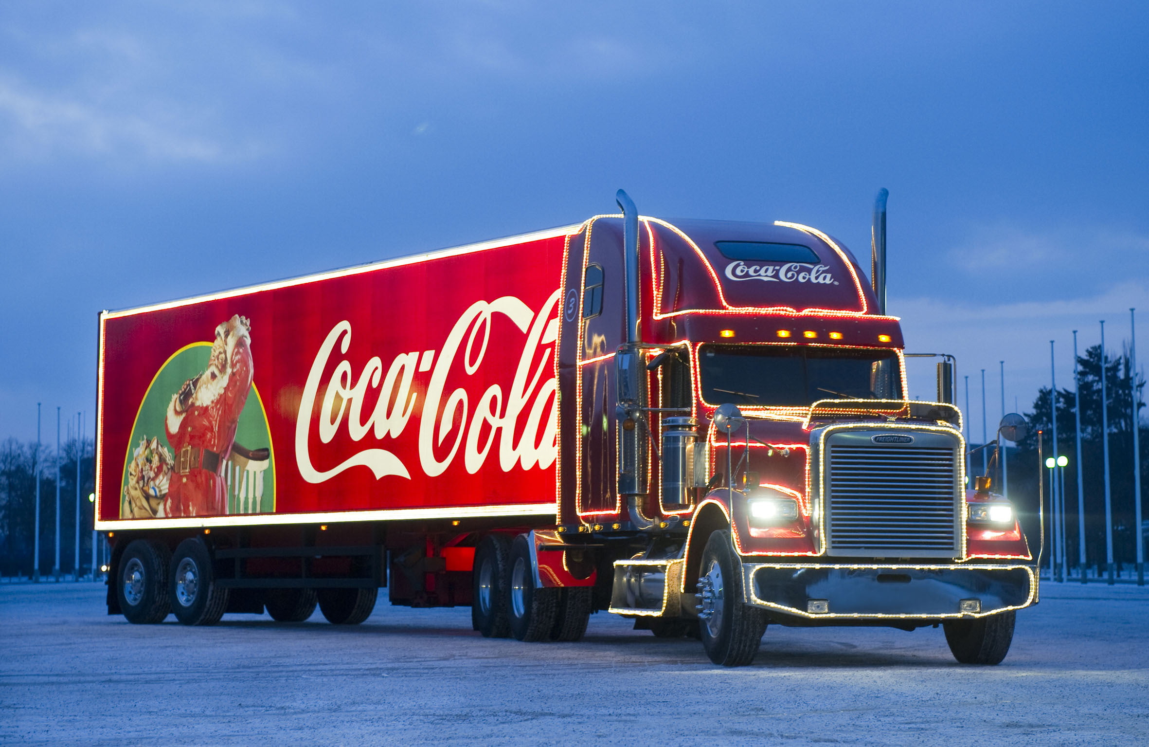 red Coca Cola freight truck winter machine lights the evening 2k