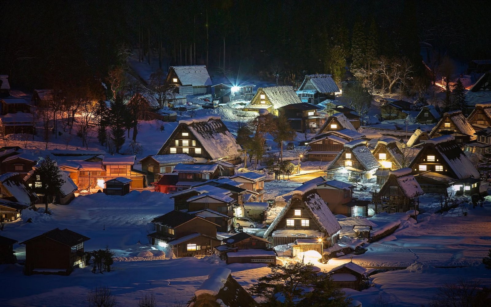 brown and white houses landscape nature village lights Japan