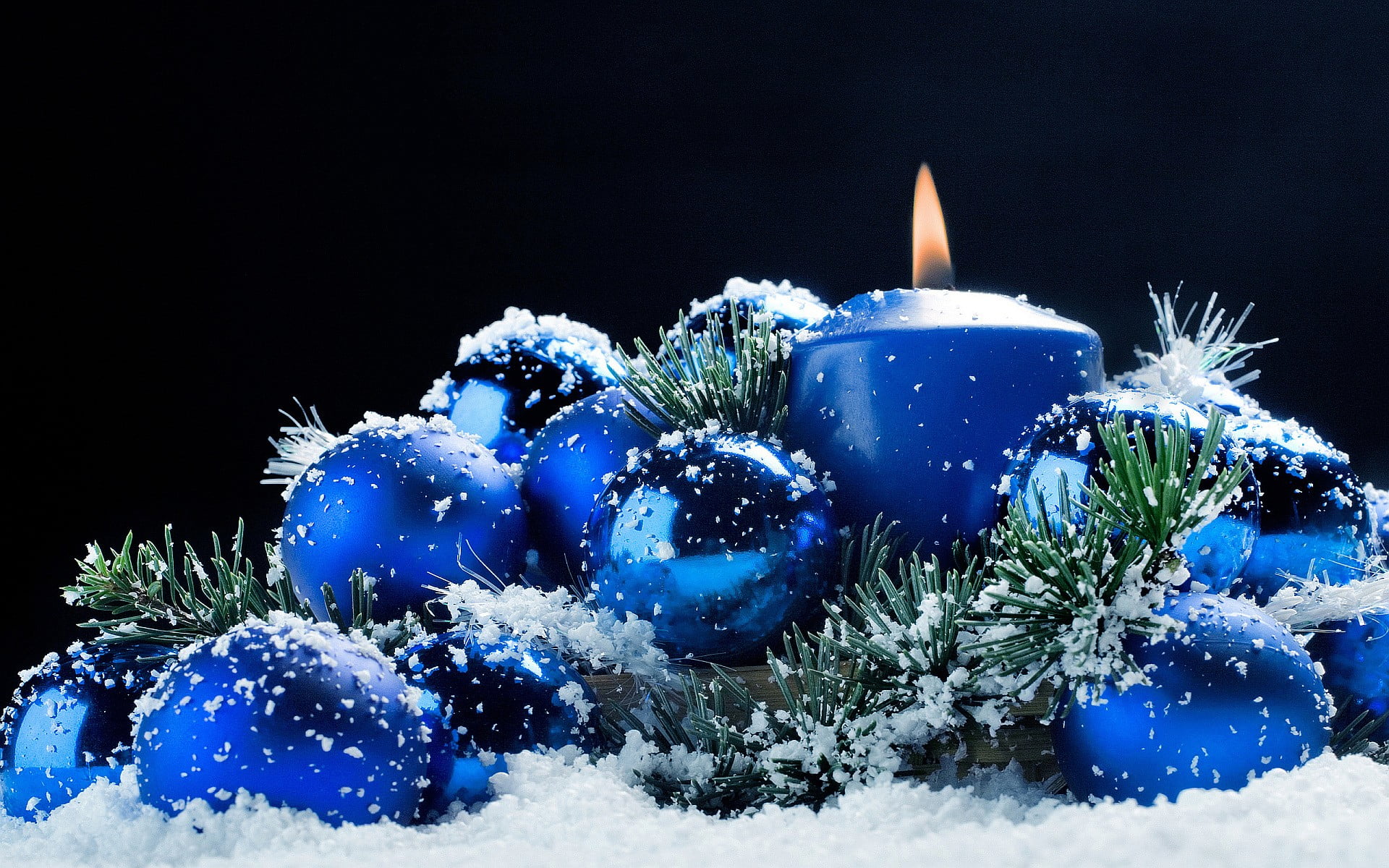 blue pillar candle and bauble balls snow candles Christmas ornaments