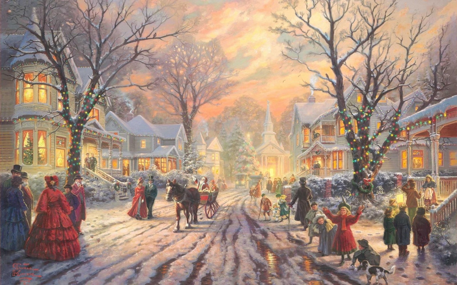 Snowy Street At Christmas trees sleigh people santa winter