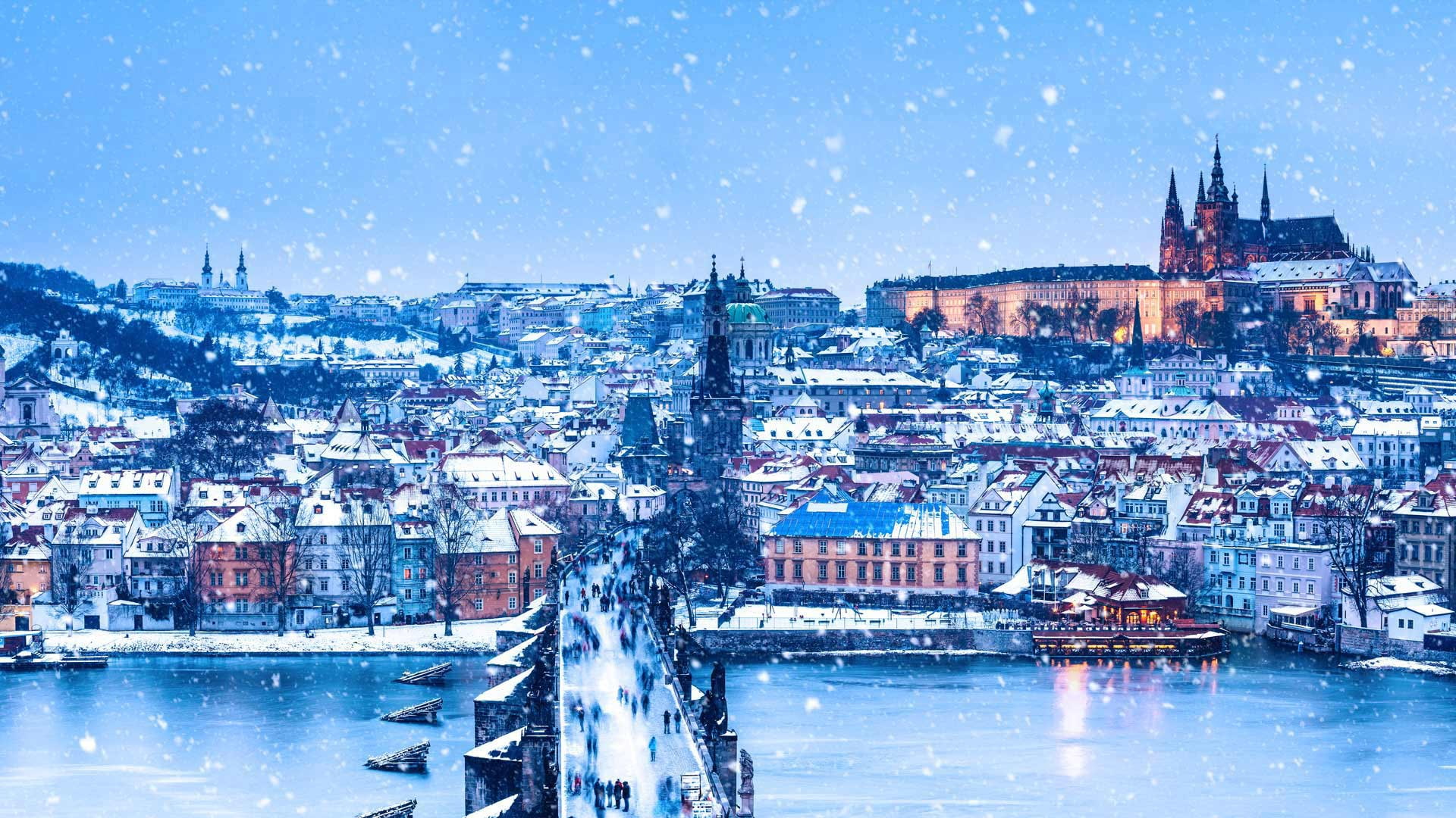 winter river Prague Czech Republic Christmas panorama