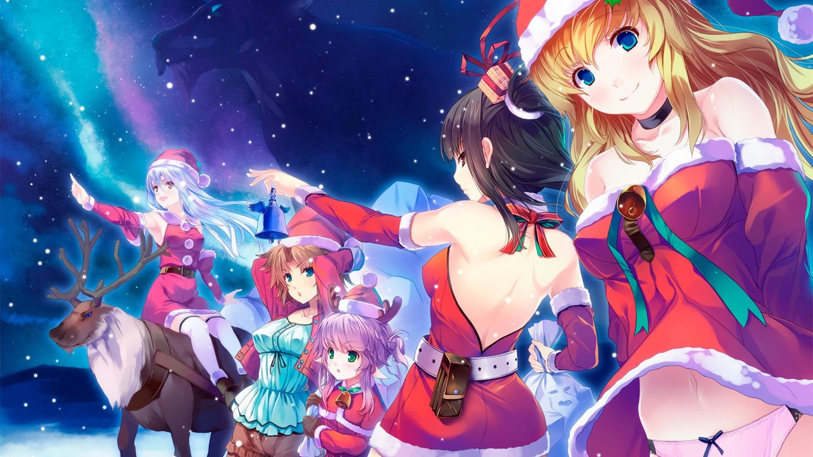 Anime Girls Christmas Blue Eyes Green Long Hair Deer Hats