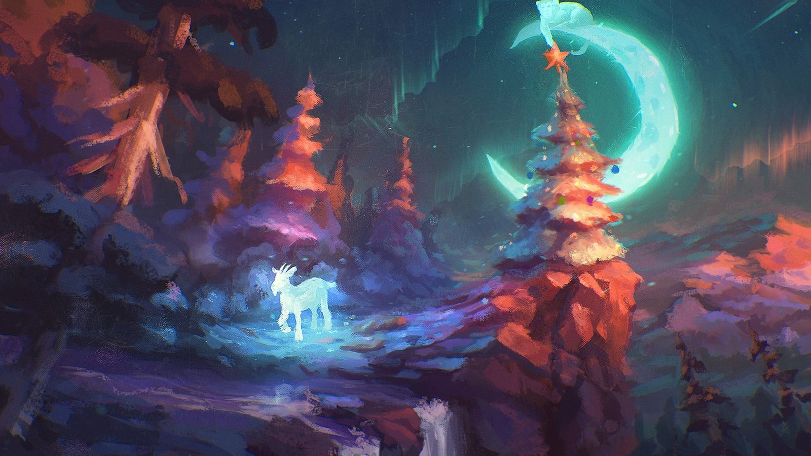 reindeer near pine trees digital wallpaper artwork fantasy art