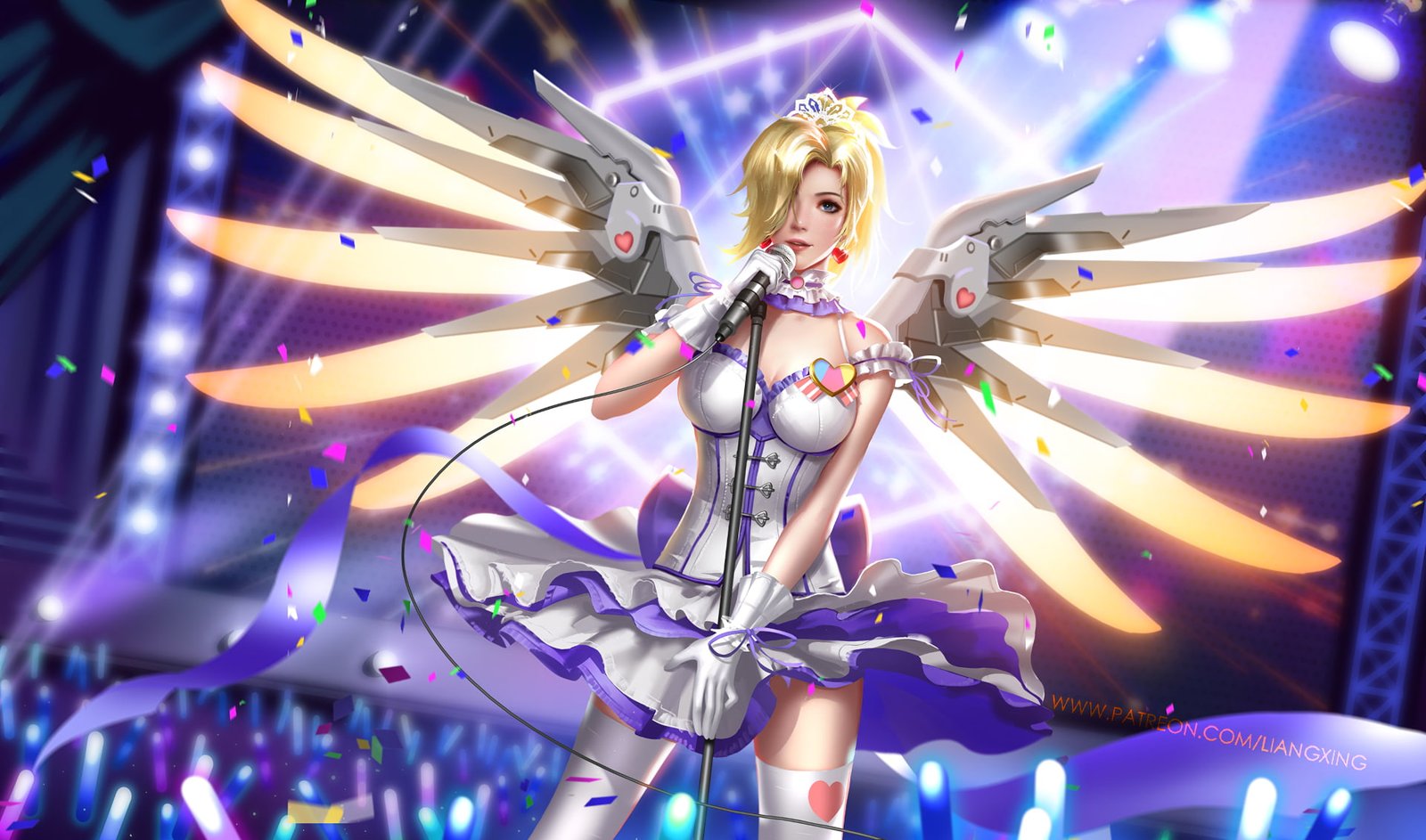 video games Overwatch women Mercy blonde thighs
