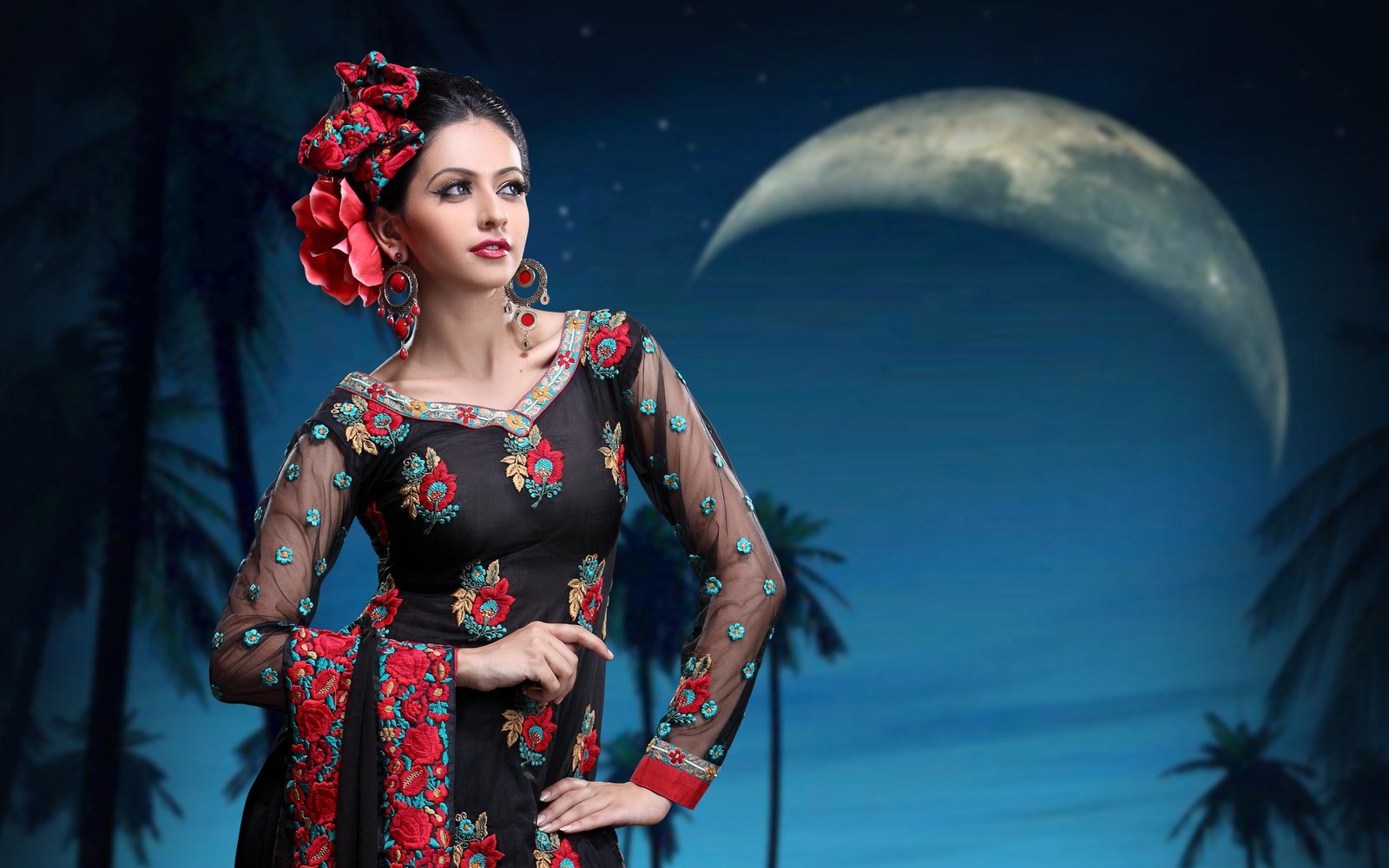 Aamna Shariff Shooting women's red and black floral long sleeves dress 2k