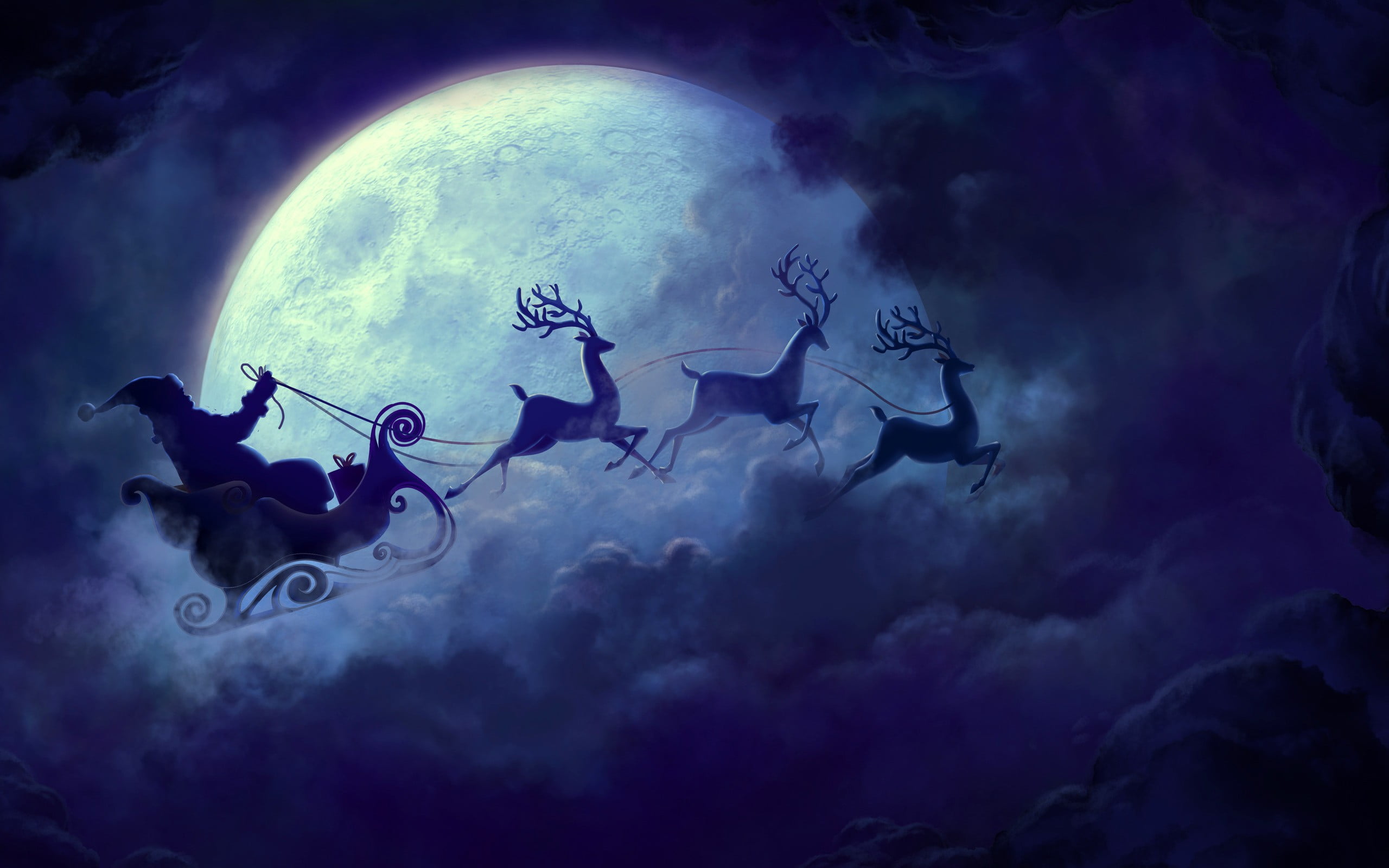 Santa Claus and deer digital wallpaper Christmas Moon sleigh 2k