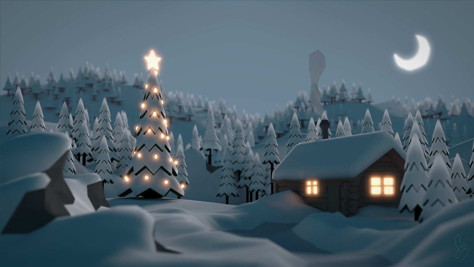 winter snow digital art hut Moon Christmas trees 2k