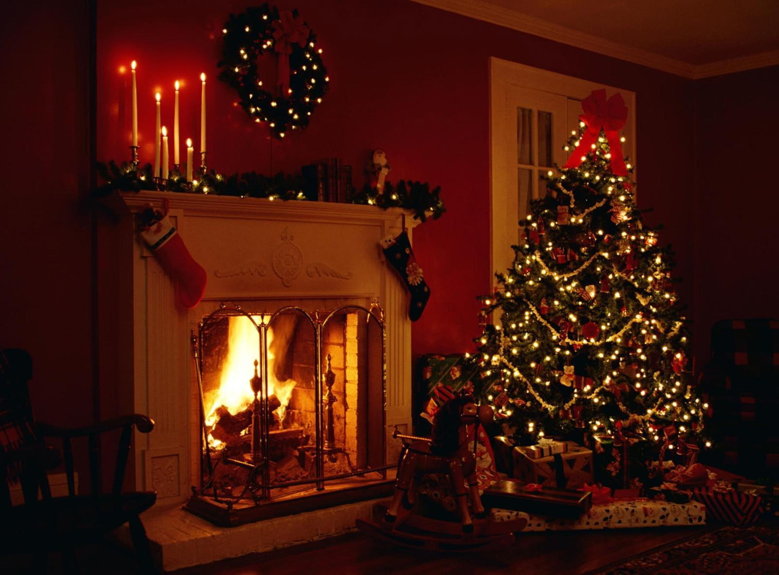 christmas holiday fireplace tree garlands candles toys gifts