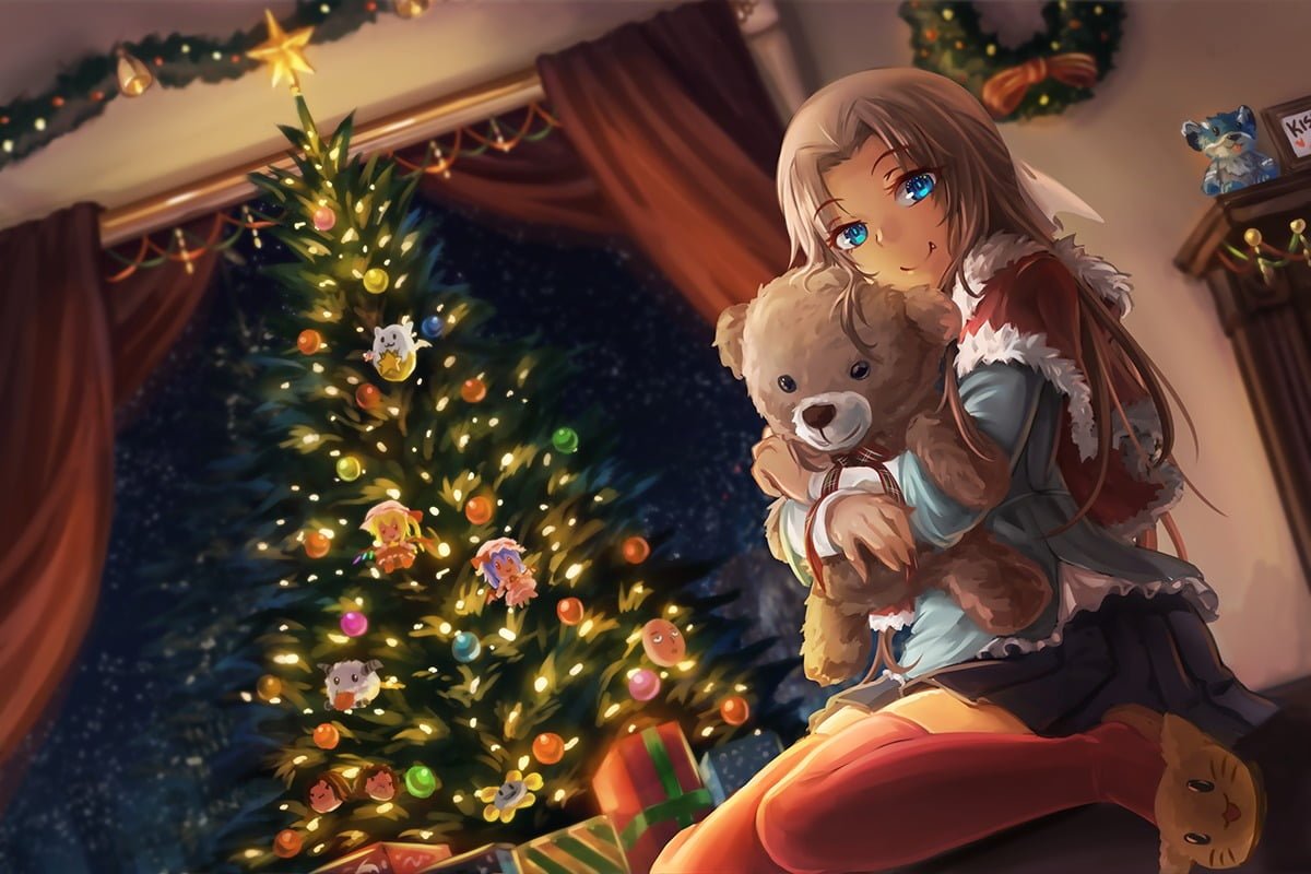 fan art anime girls Christmas Tree thigh highs holiday