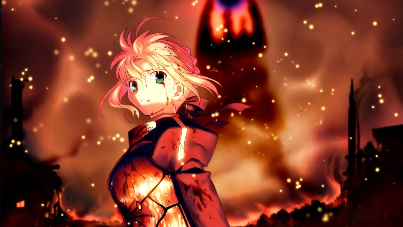 red haired female anime character surrounded with flame digital wallpaper