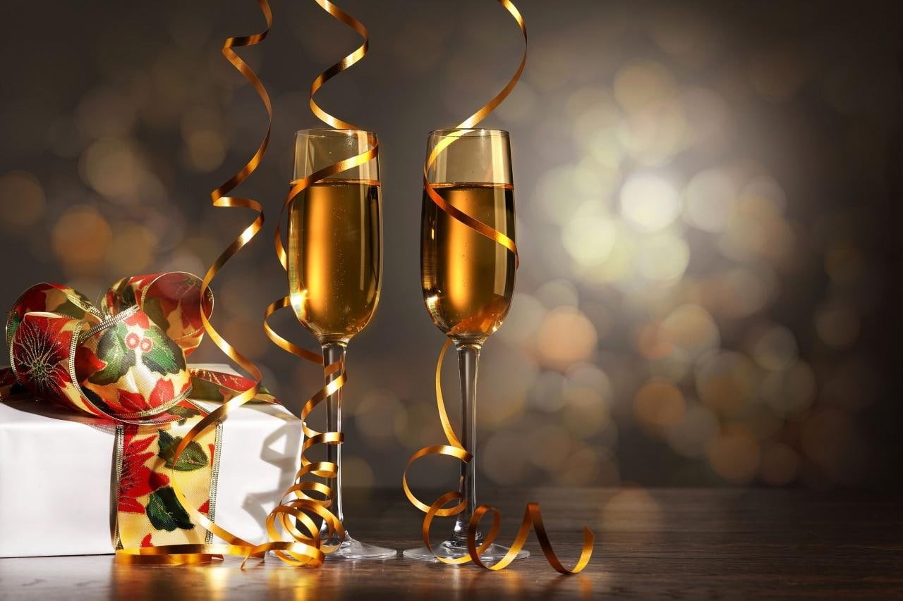 Happy New Year Champagne Stemware Ribbon holidays christmas
