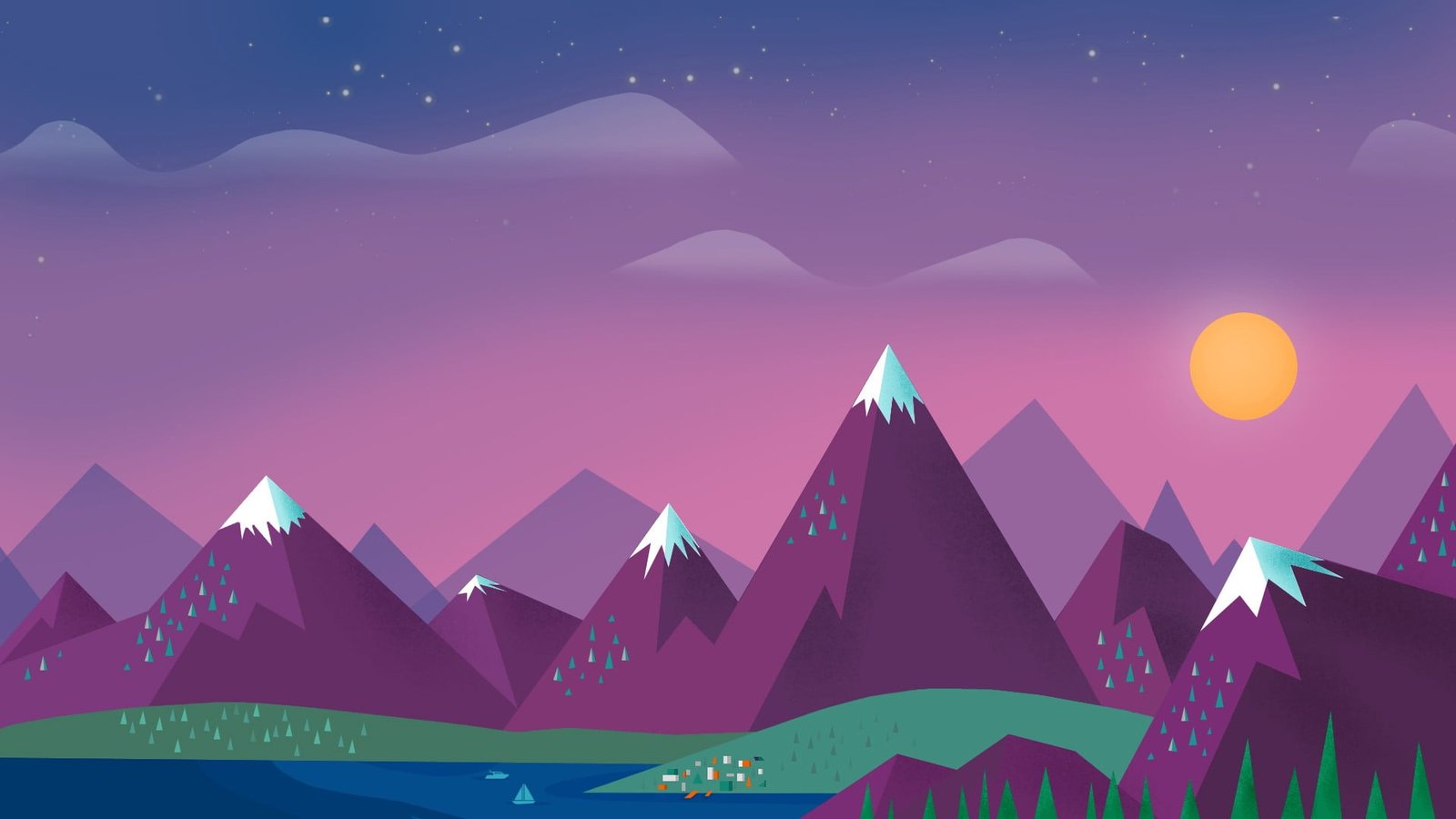 purple mountains illustration green field and mountain drawing