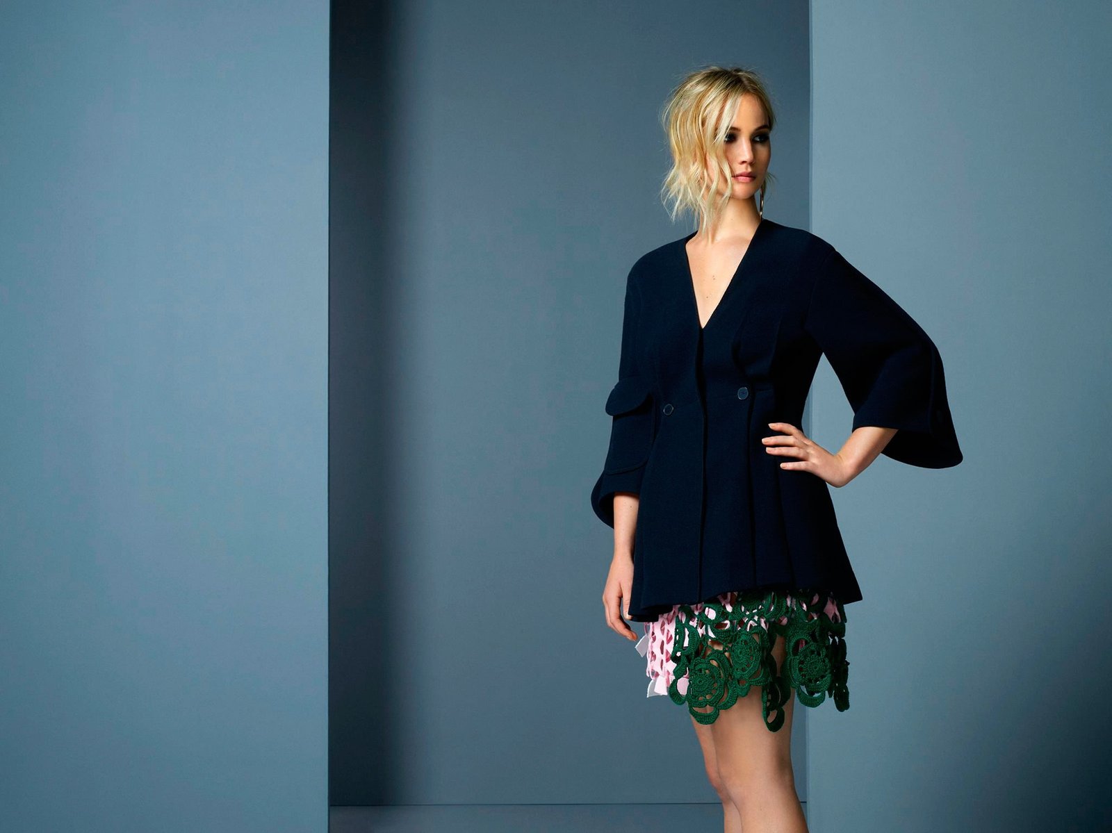 actress Jennifer Lawrence women blonde hands on hips blue jacket 2k