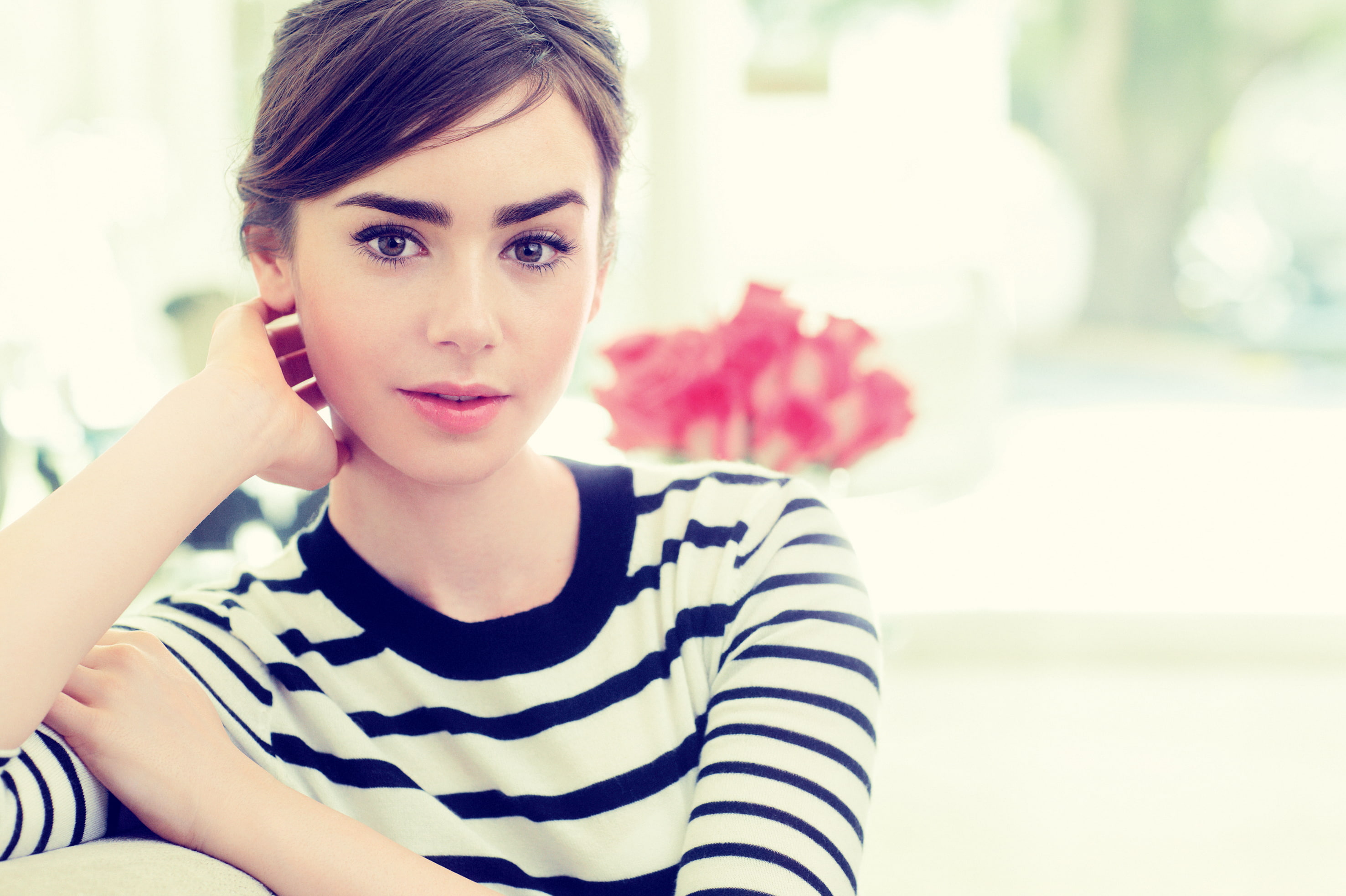 actress women Lily Collins long eyelashes portrait striped clothing 2k