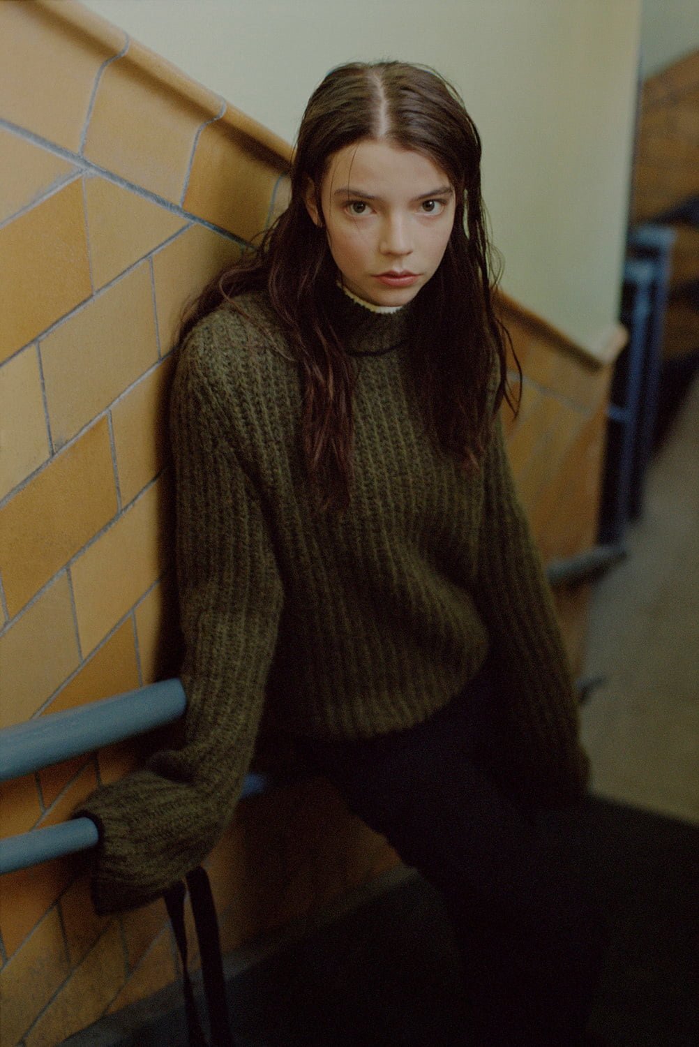 Anya Taylor Joy actress brunette women stairs long hair