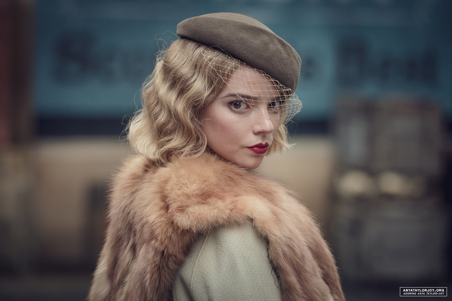 Anya Taylor Joy women actress blonde fur lipstick outdoors