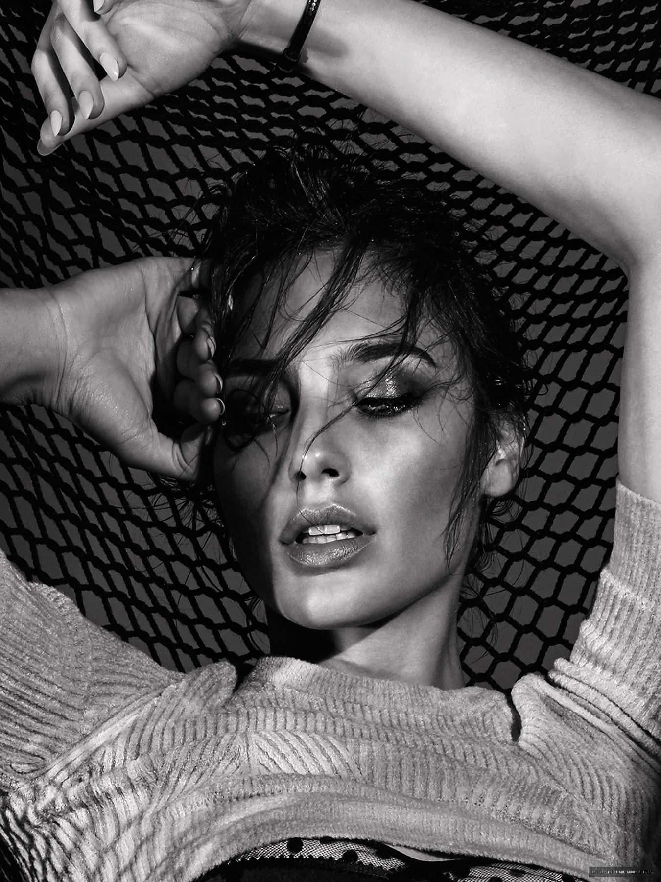 arms up monochrome portrait actress celebrity Gal Gadot