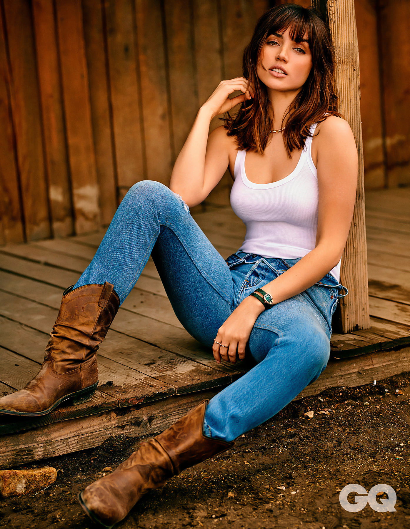 Ana de Armas brunette women actress jeans white tops boots