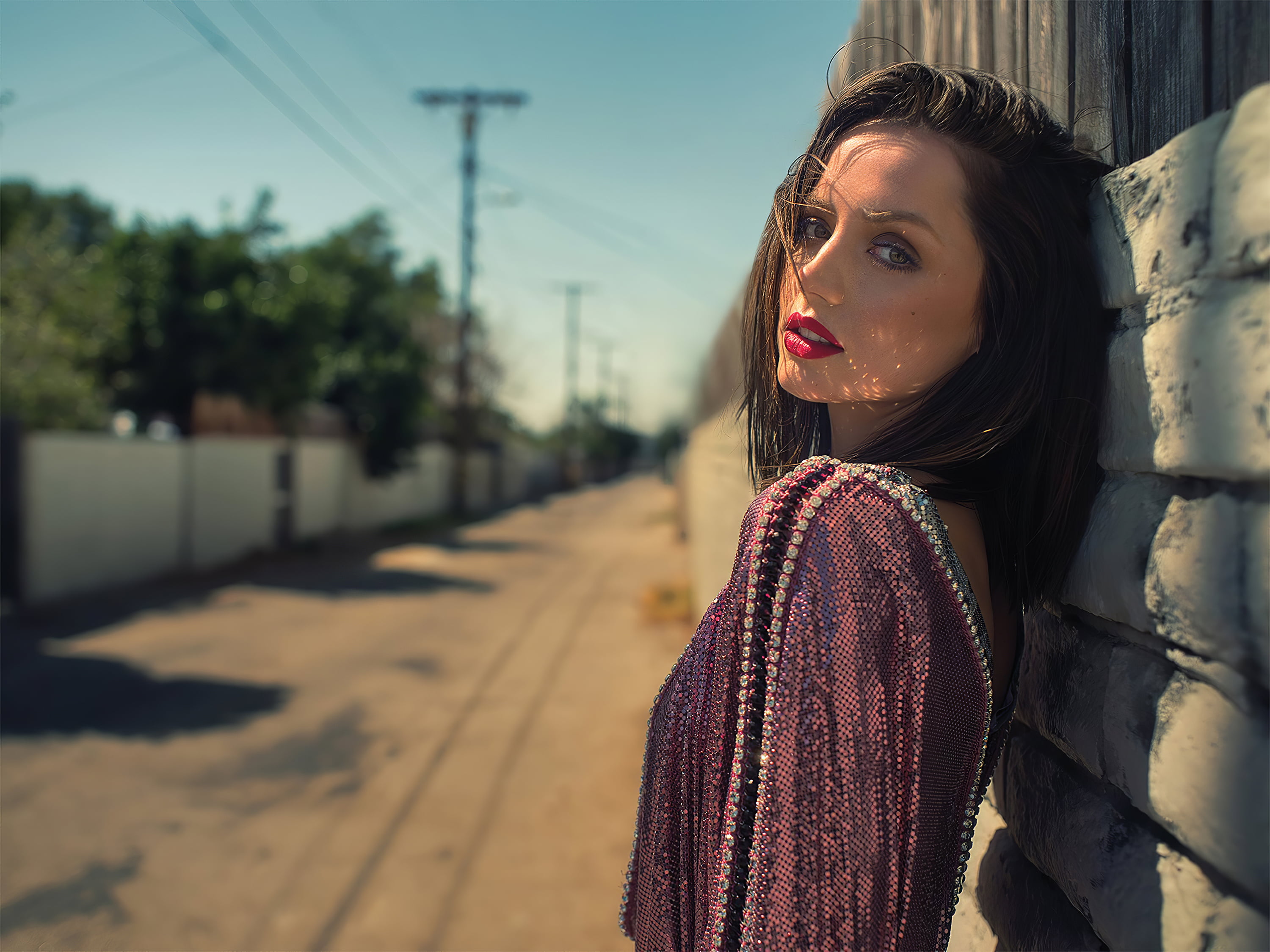 Ana de Armas women actress red lipstick street depth of field 69 2k