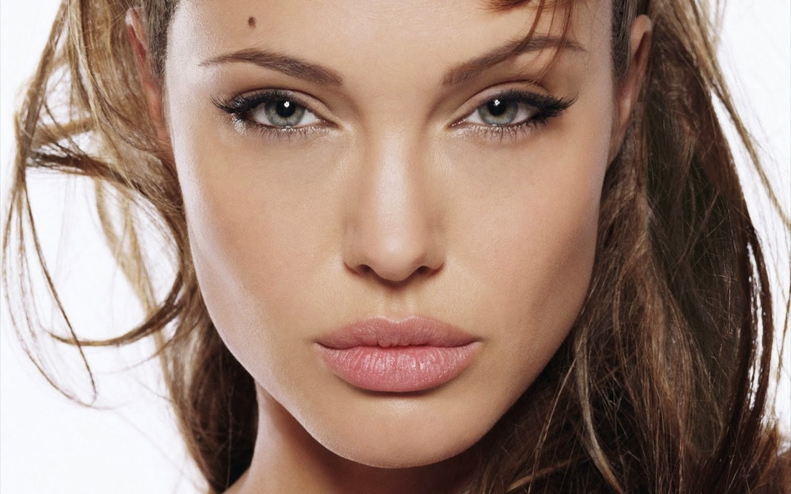 Angelina Jolie women actress closeup brunette face gray eyes