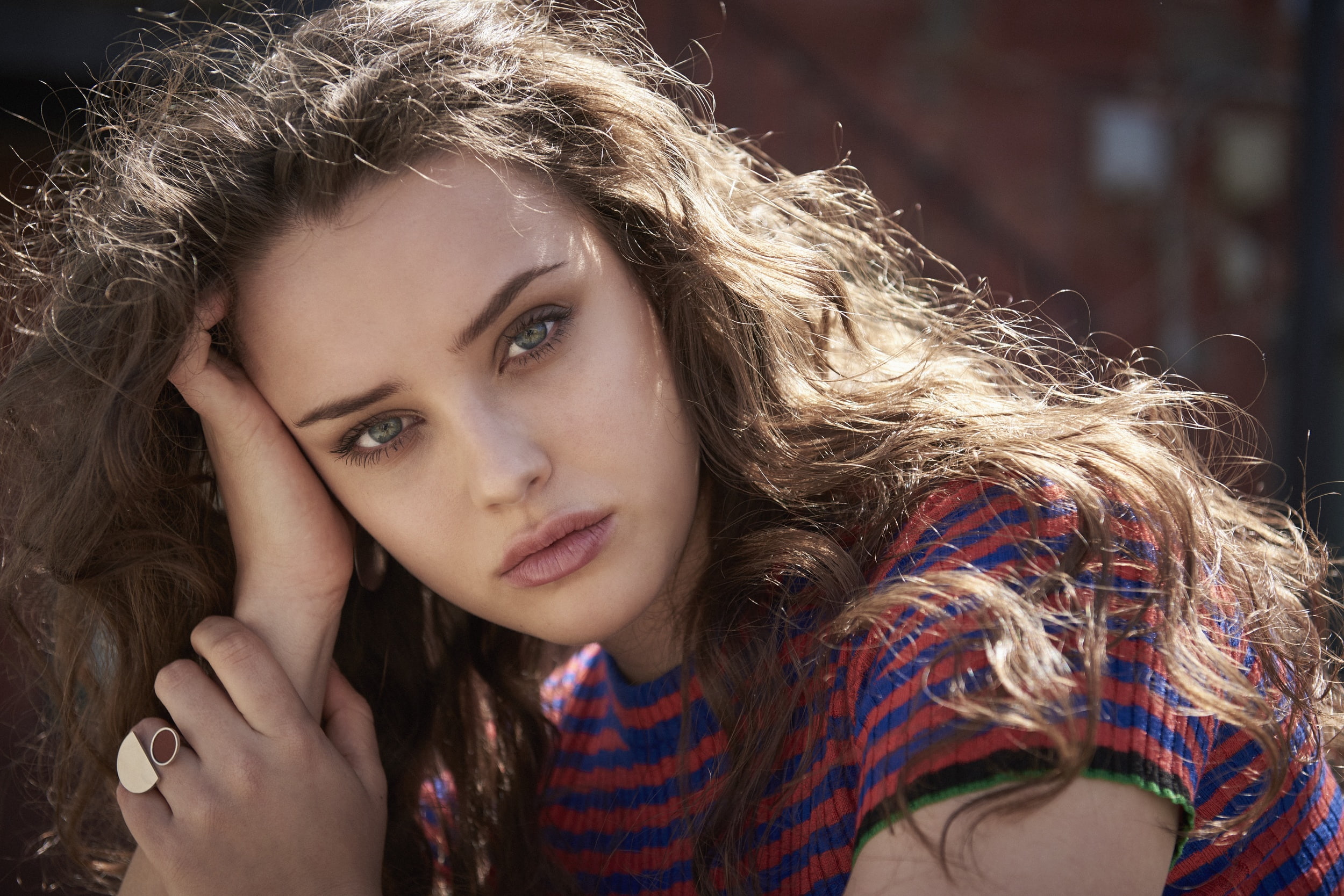 brown haired female in red and blue striped shirt Katherine Langford 2k